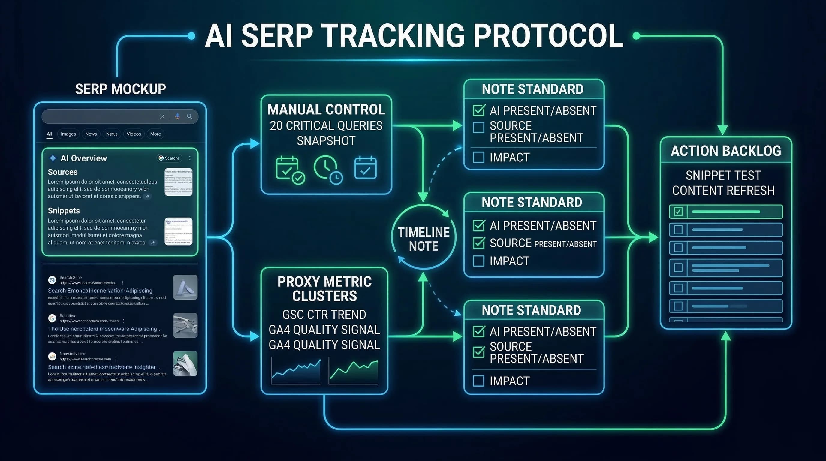 AI Overview SERP mockup ve not akışı, amaç rapor bağlamı, SEO raporlama bağlamı