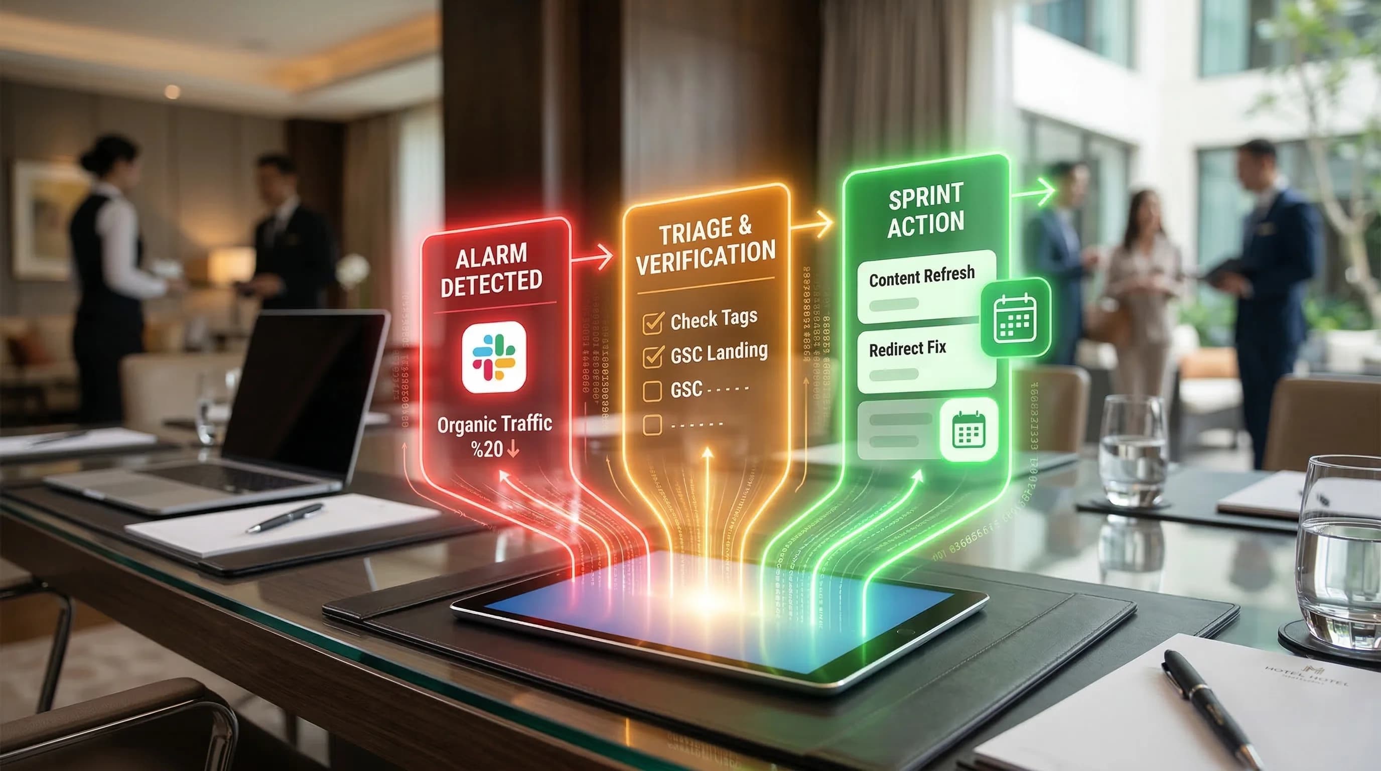 Alarmdan aksiyona ops akışı, amaç hızlı triage, otel ve B2B bağlamı