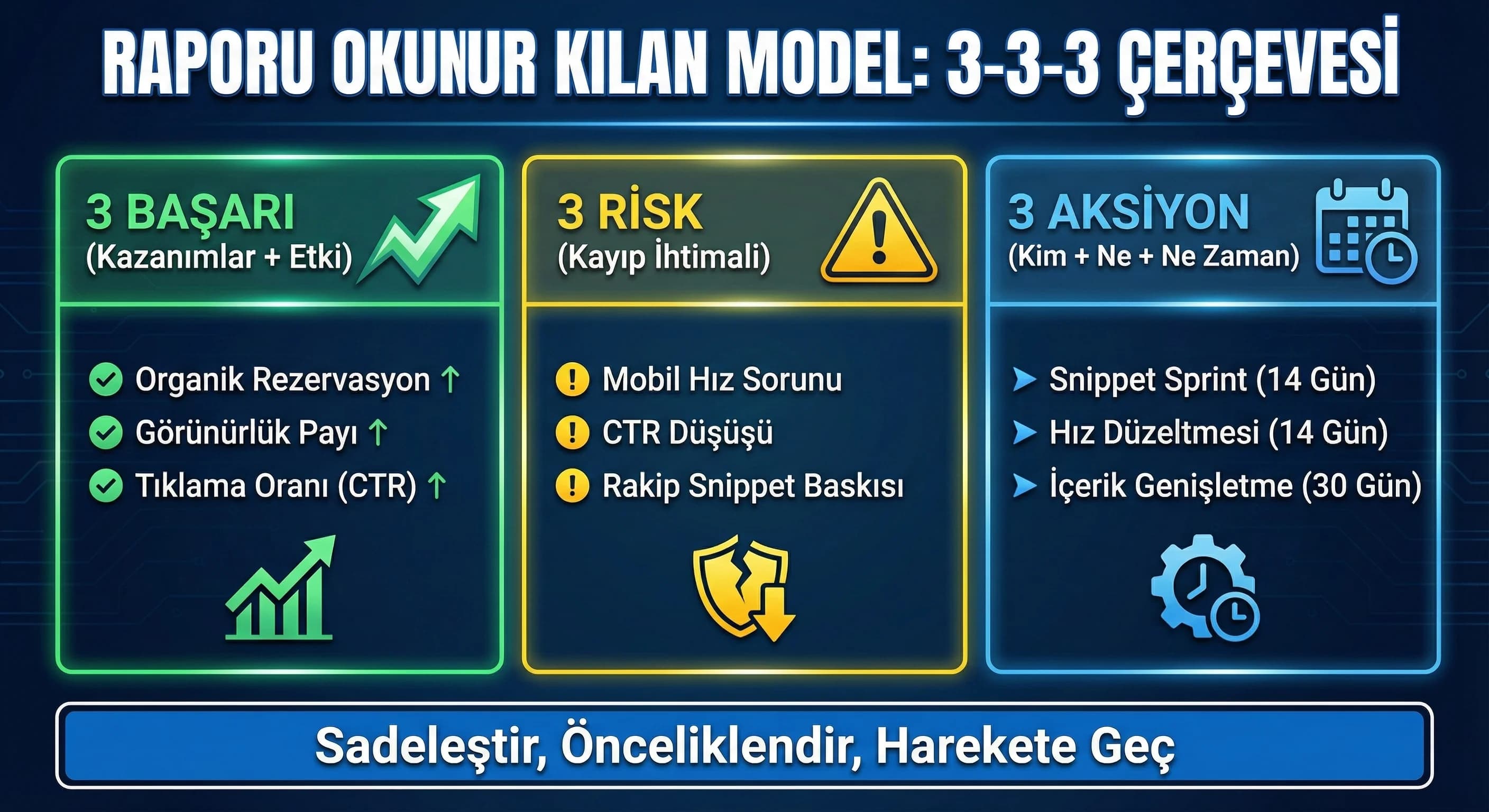 3–3–3 modeli ayırıcı, amaç sade sunum, yönetici toplantısı bağlamı
