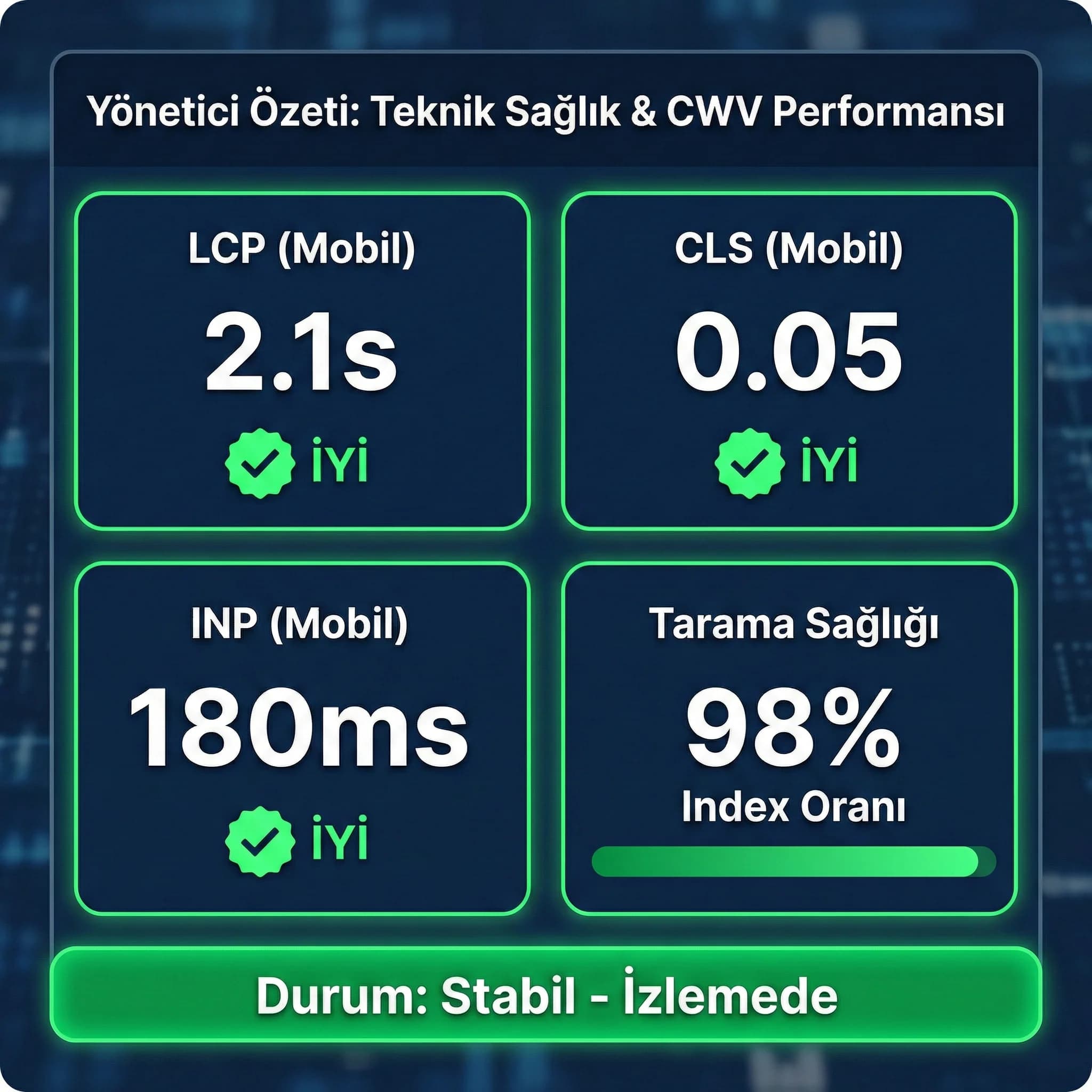 LCP CLS INP ve tarama KPI kartı, amaç yönetici özeti, kurumsal bağlam