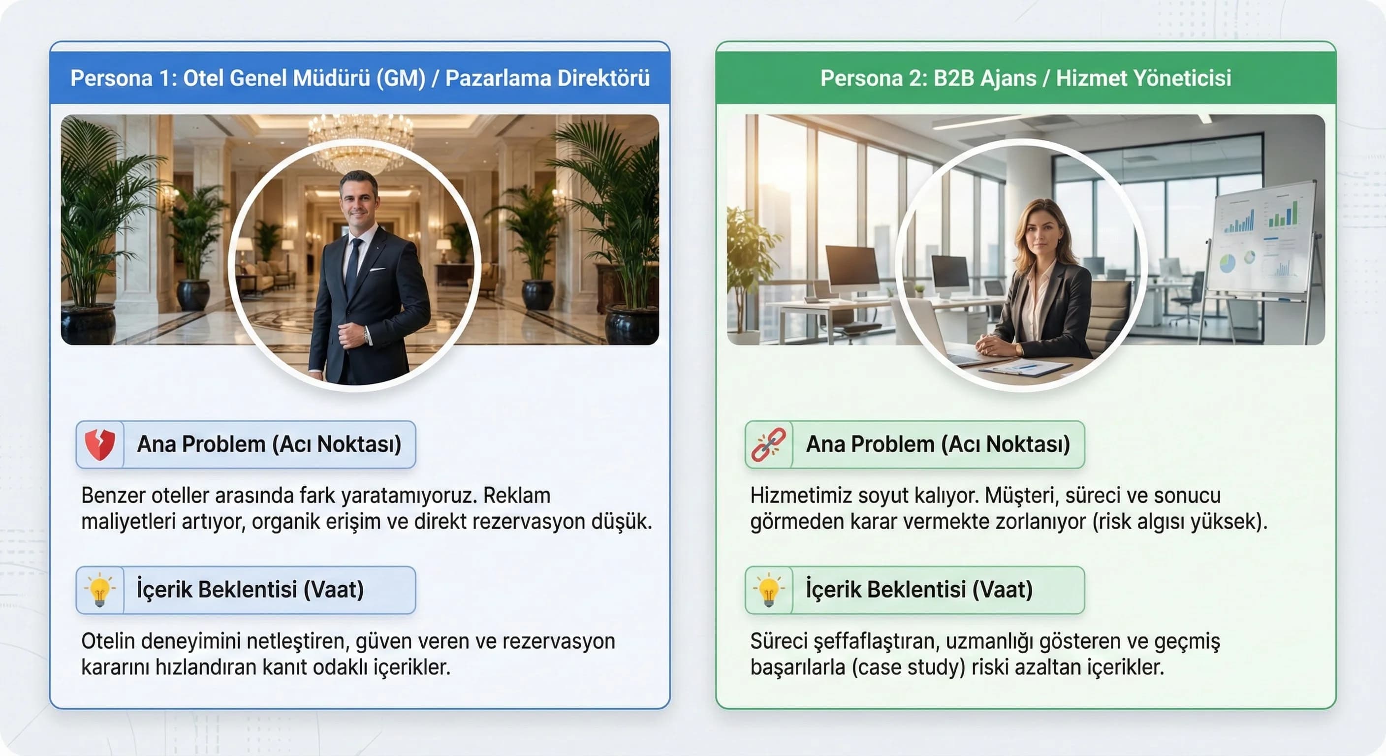 Persona kartları (2 kart: Otel GM + Ajans yöneticisi) 