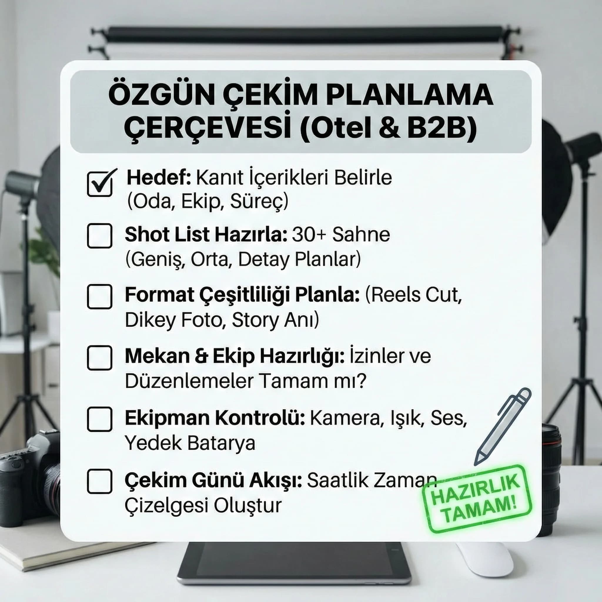 Özgün çekim planlama checklist kartı, otel ve B2B