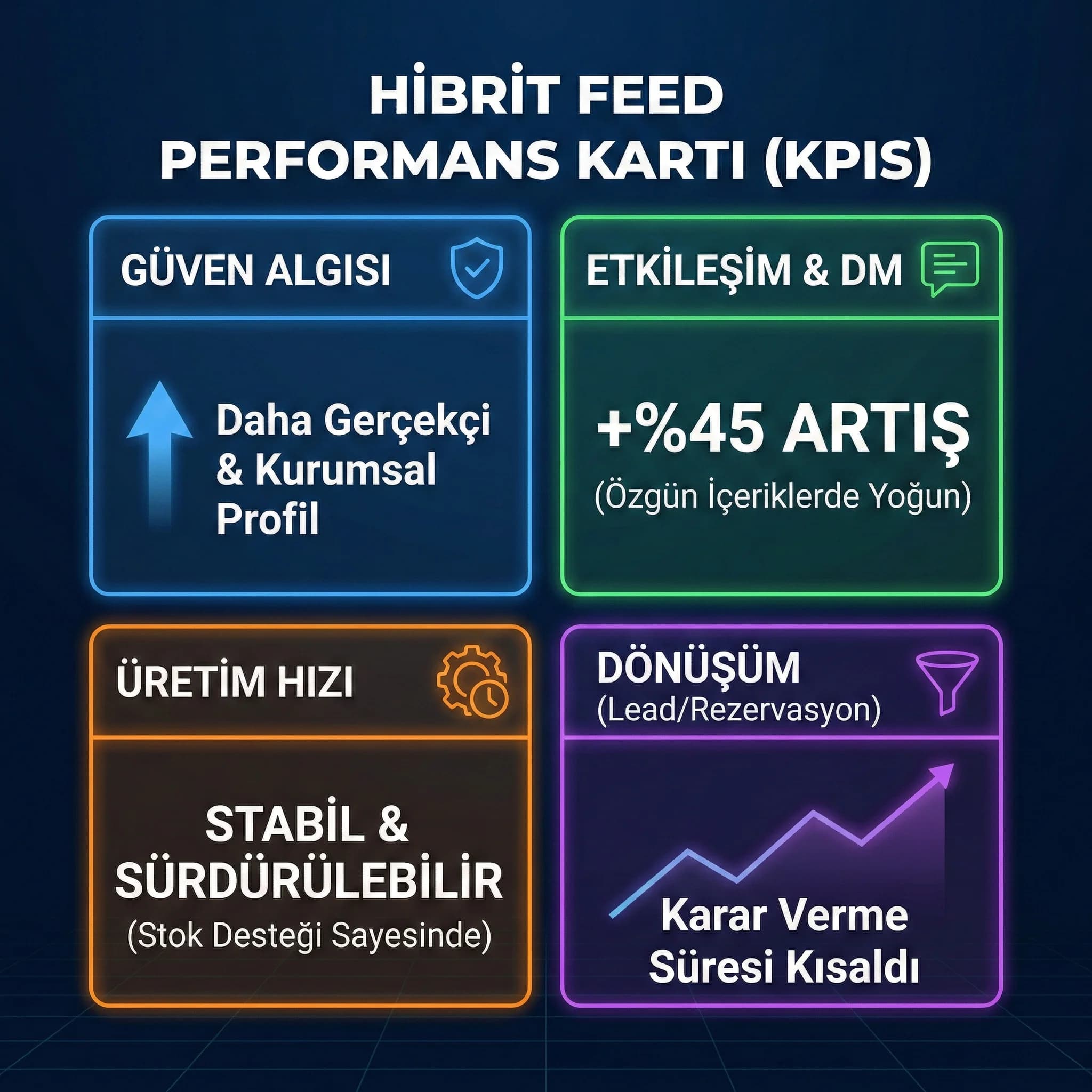 Hibrit feed KPI kartı: güven, etkileşim, DM ve hız