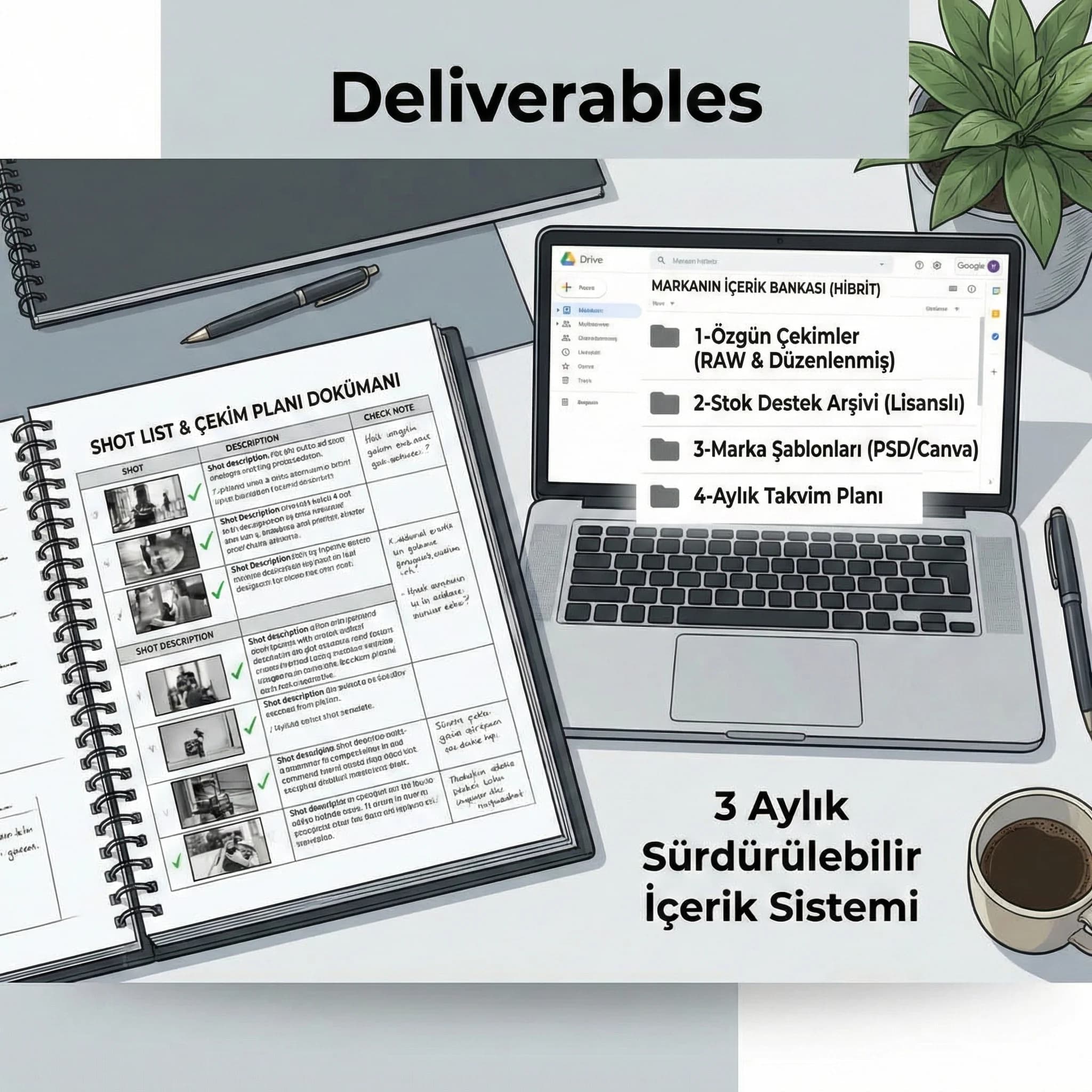 Shot list ve içerik bankası deliverables görseli, üretim sistemi