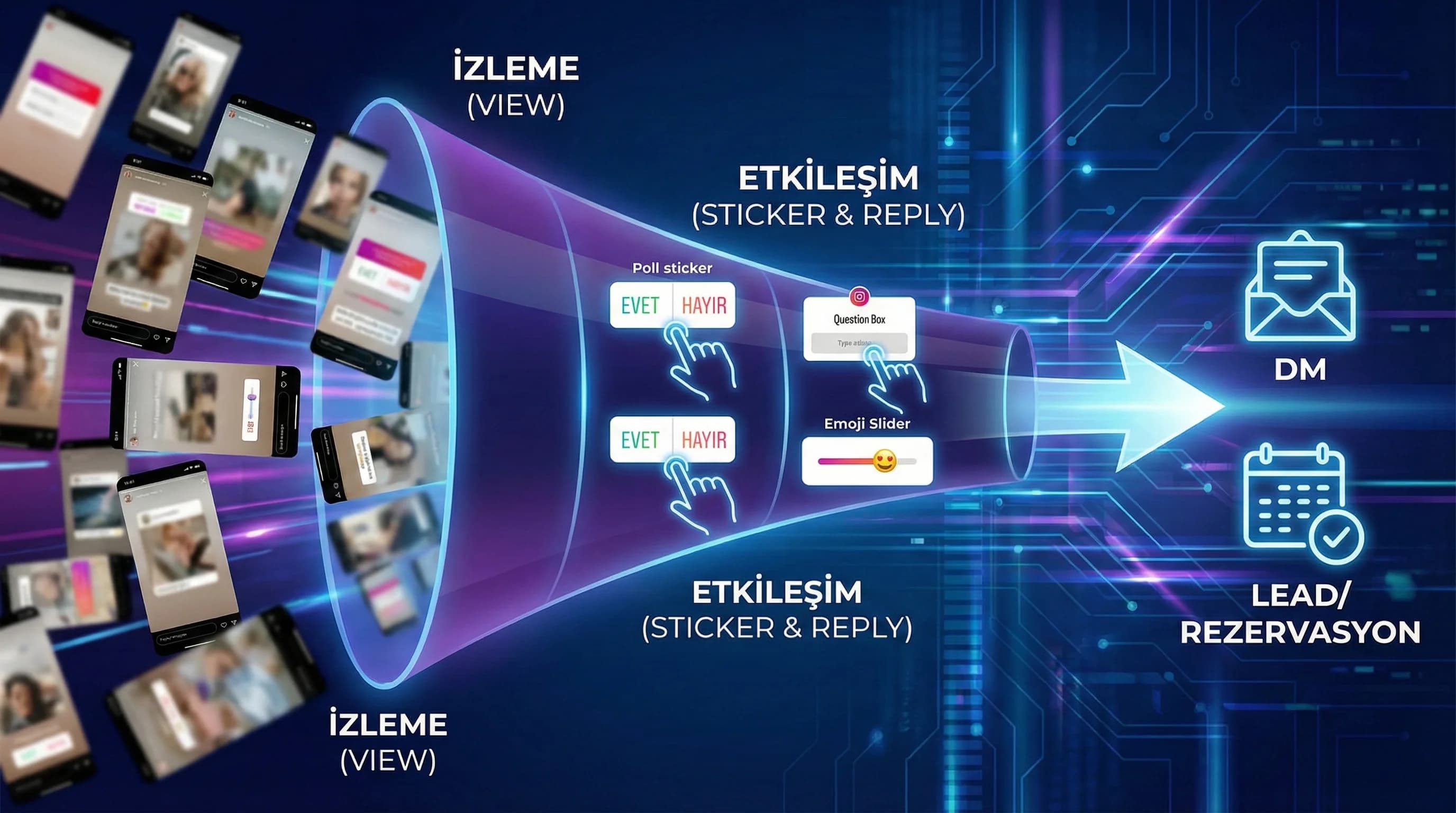 Story funnel bağlam görseli: view → reply/DM