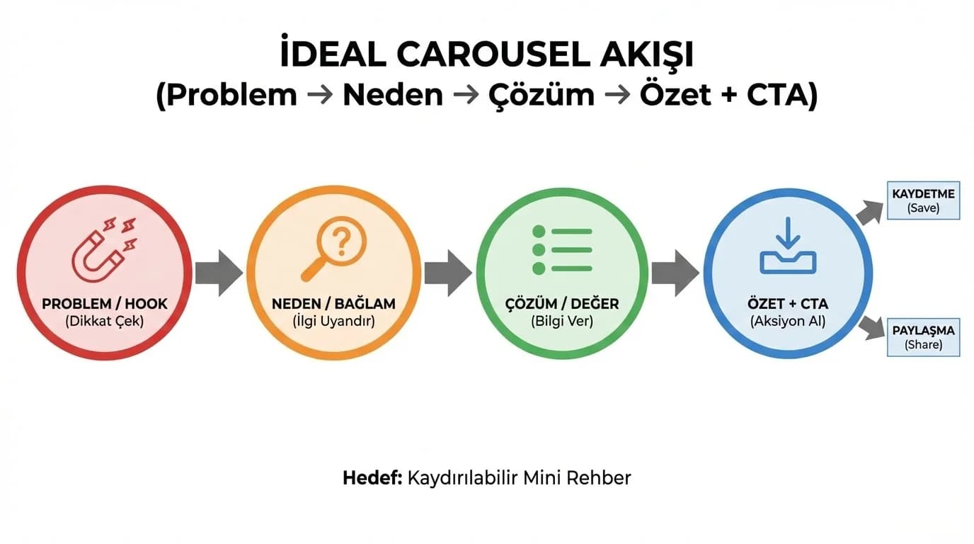 Carousel storyboard akış diyagramı, problem→neden→çözüm→özet