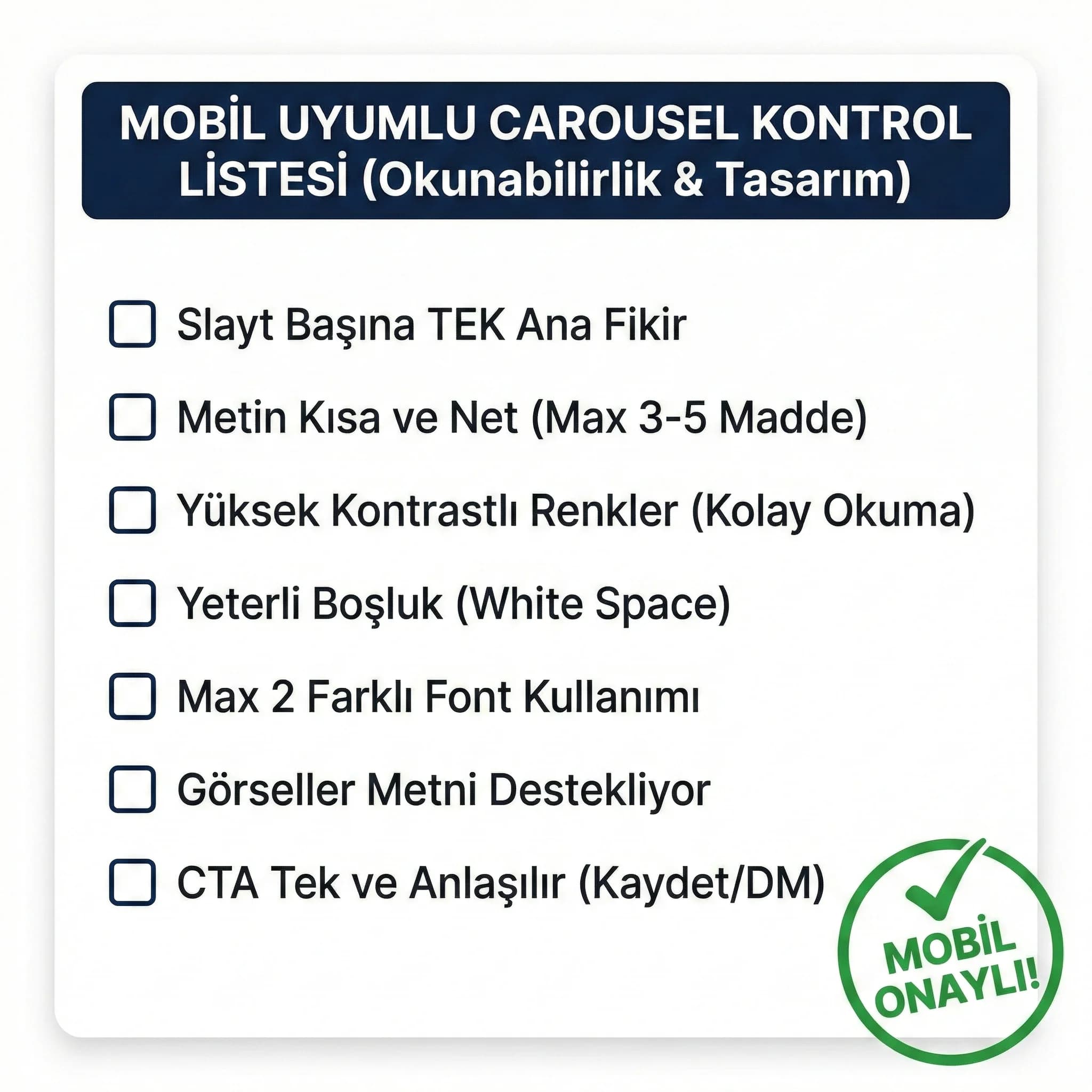 Carousel tasarım & metin checklist kartı, mobil okunabilirlik