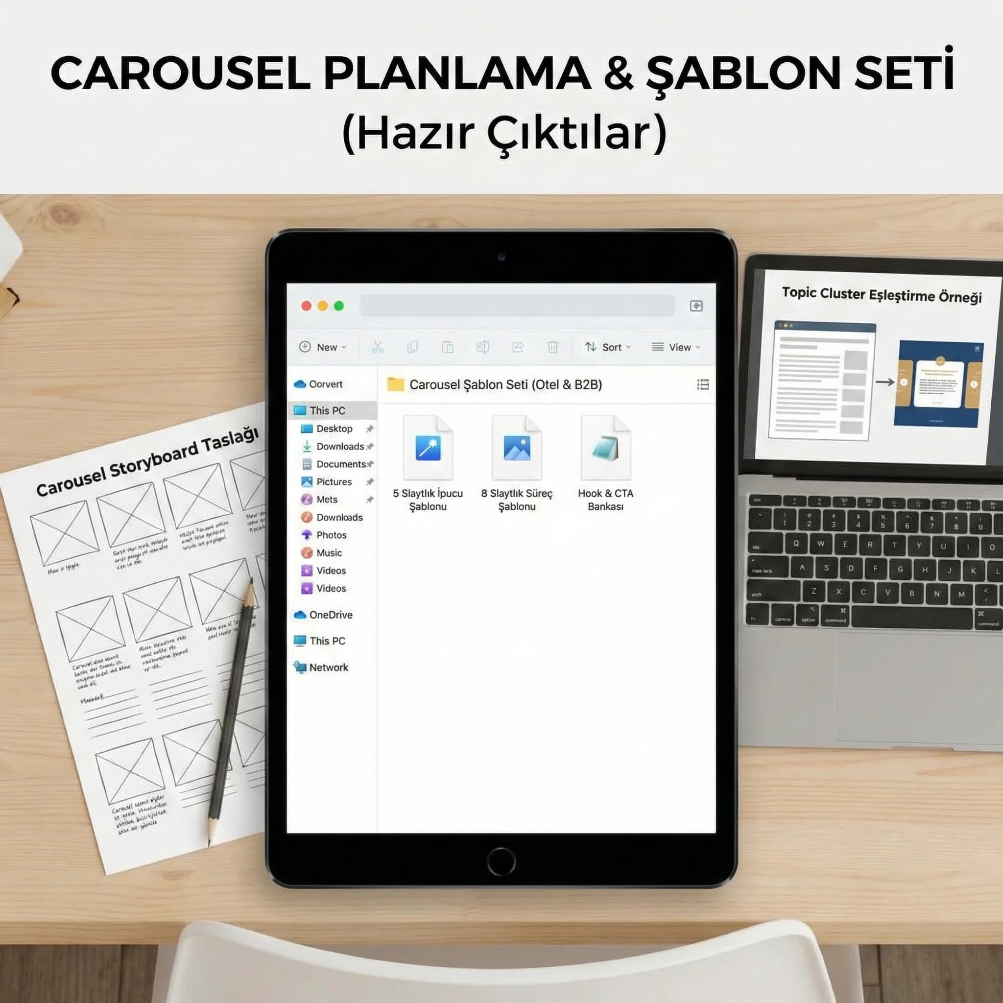 Carousel şablon seti ve topic cluster eşleştirme deliverables