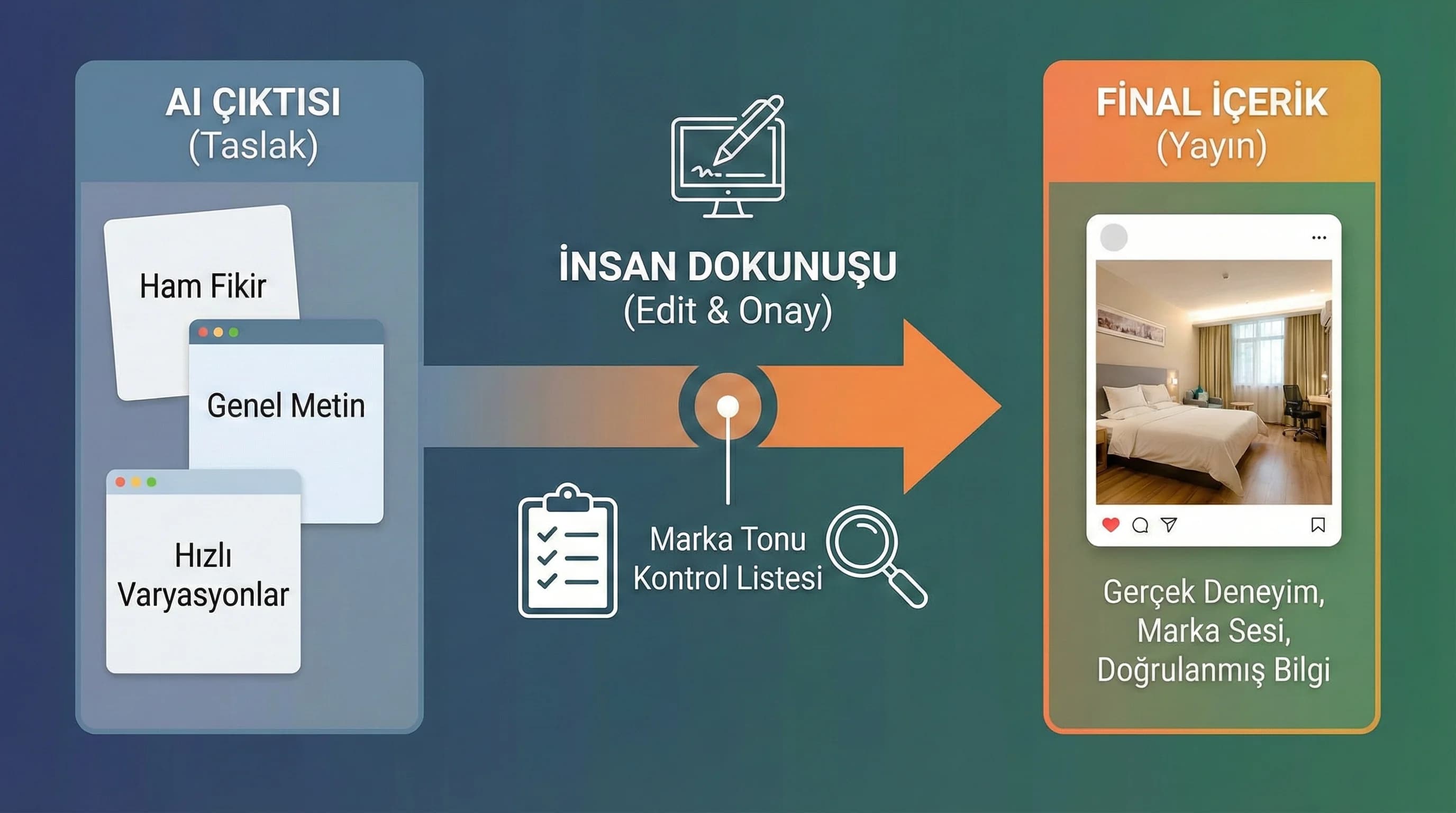 AI taslak → insan final bağlam görseli, hibrit workflow