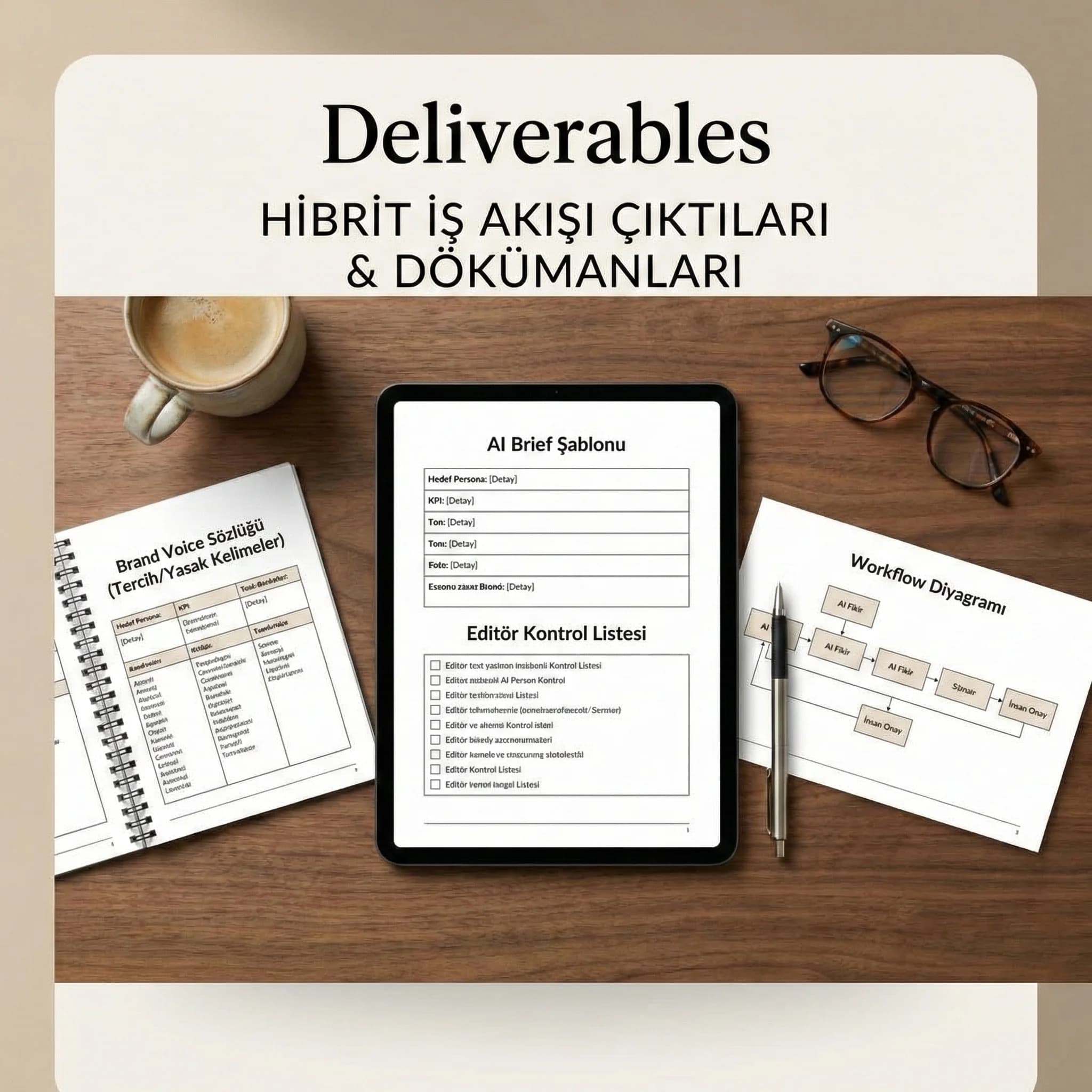 AI brief + editör kontrol listesi deliverables görseli