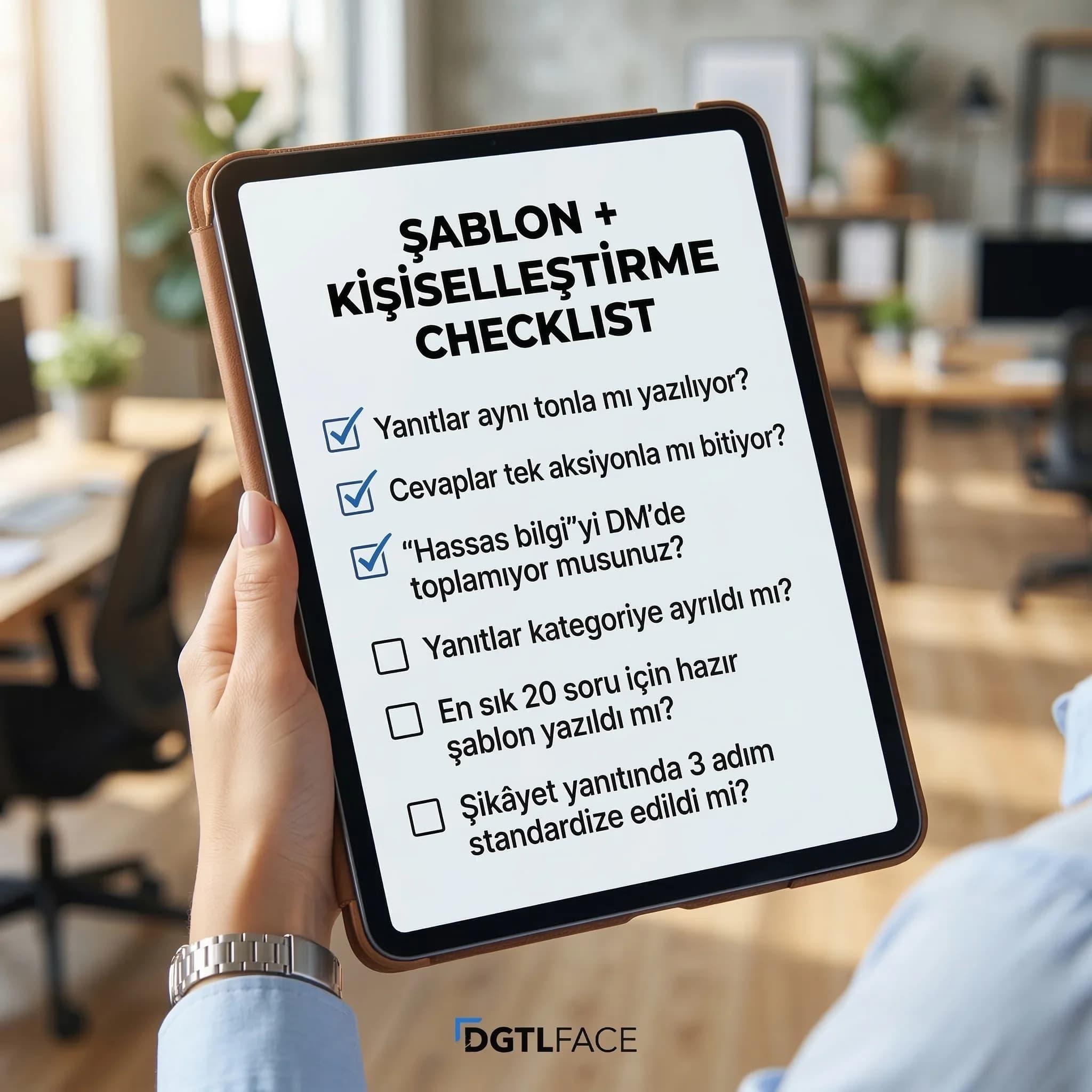 Şablon + kişiselleştirme checklist kartı, reply kalitesi