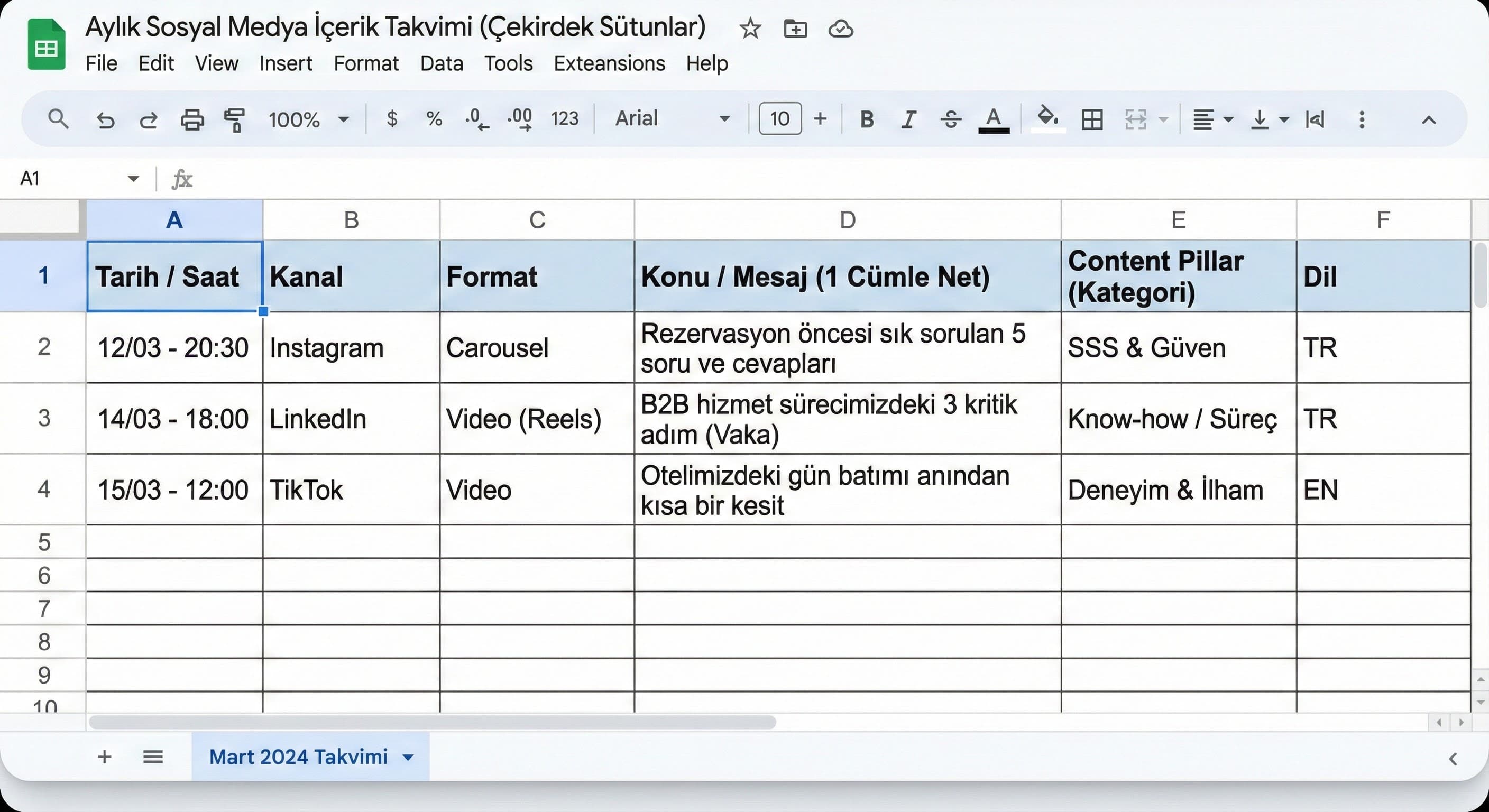 İçerik takviminde hangi sütunlar olmalı?