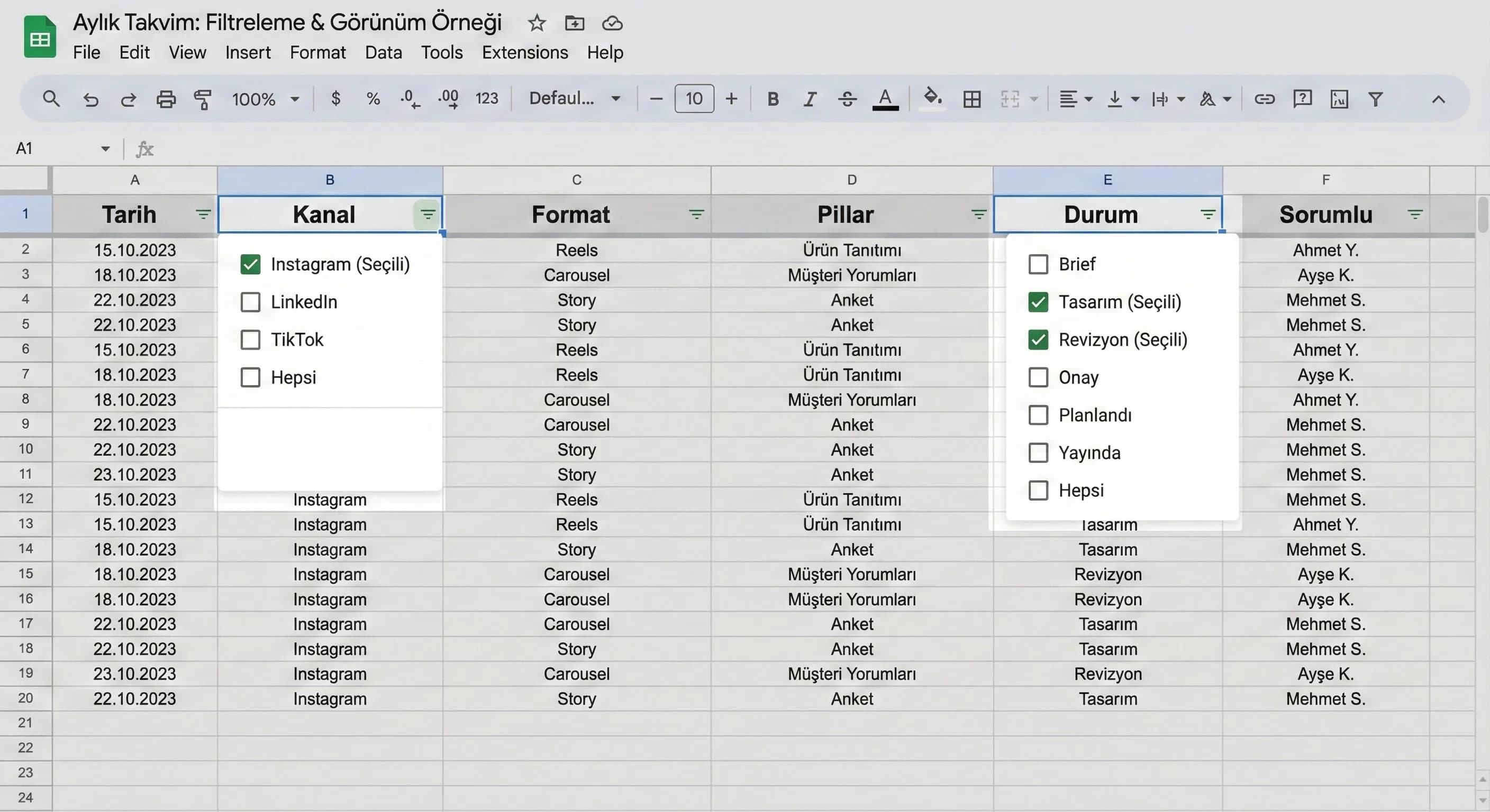 Aylık Takvim Filtreleme & Görünüm Örneği