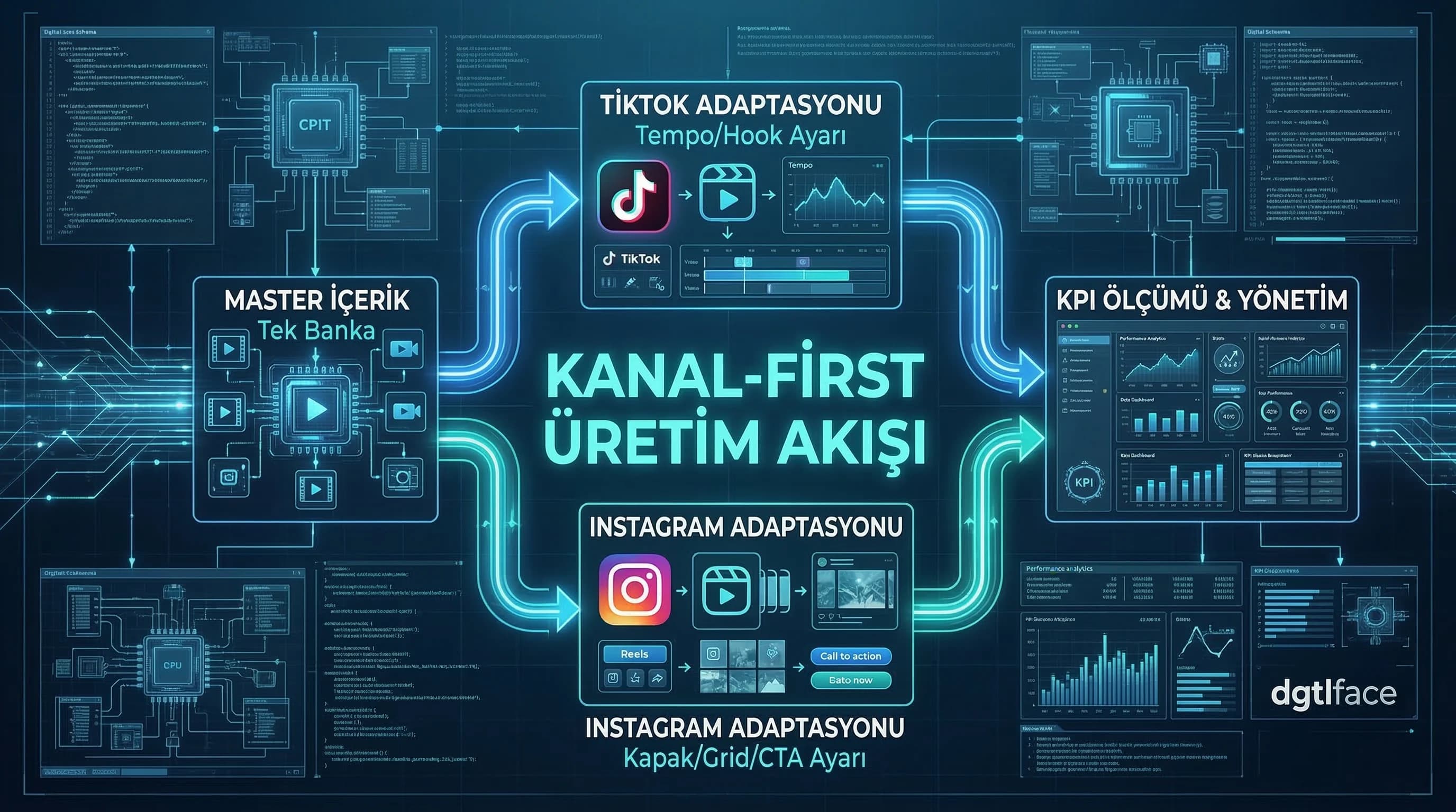Kanal-first üretim ve adaptasyon akışı diyagramı
