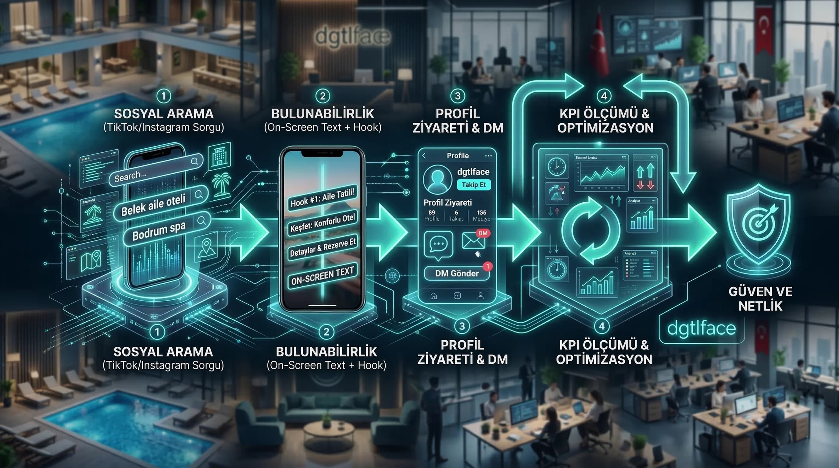 Social SEO modeli akışı, arama→izlenme→profil→DM, otel bağlamı