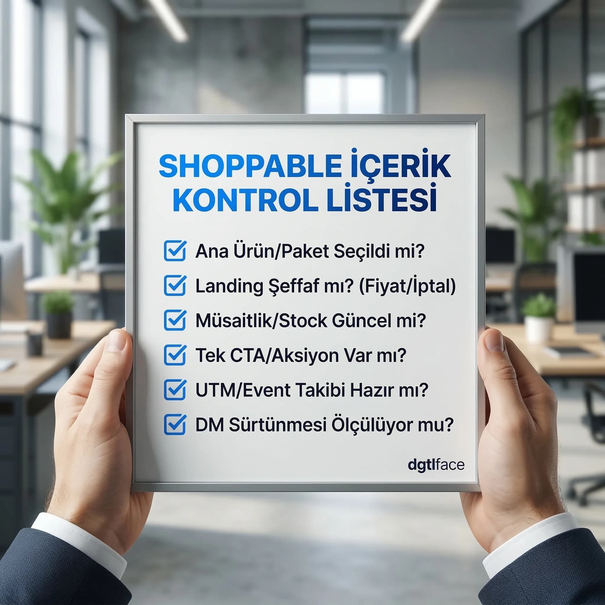 Shoppable içerik kontrol listesi, şeffaflık ve ölçüm, otel bağlamı