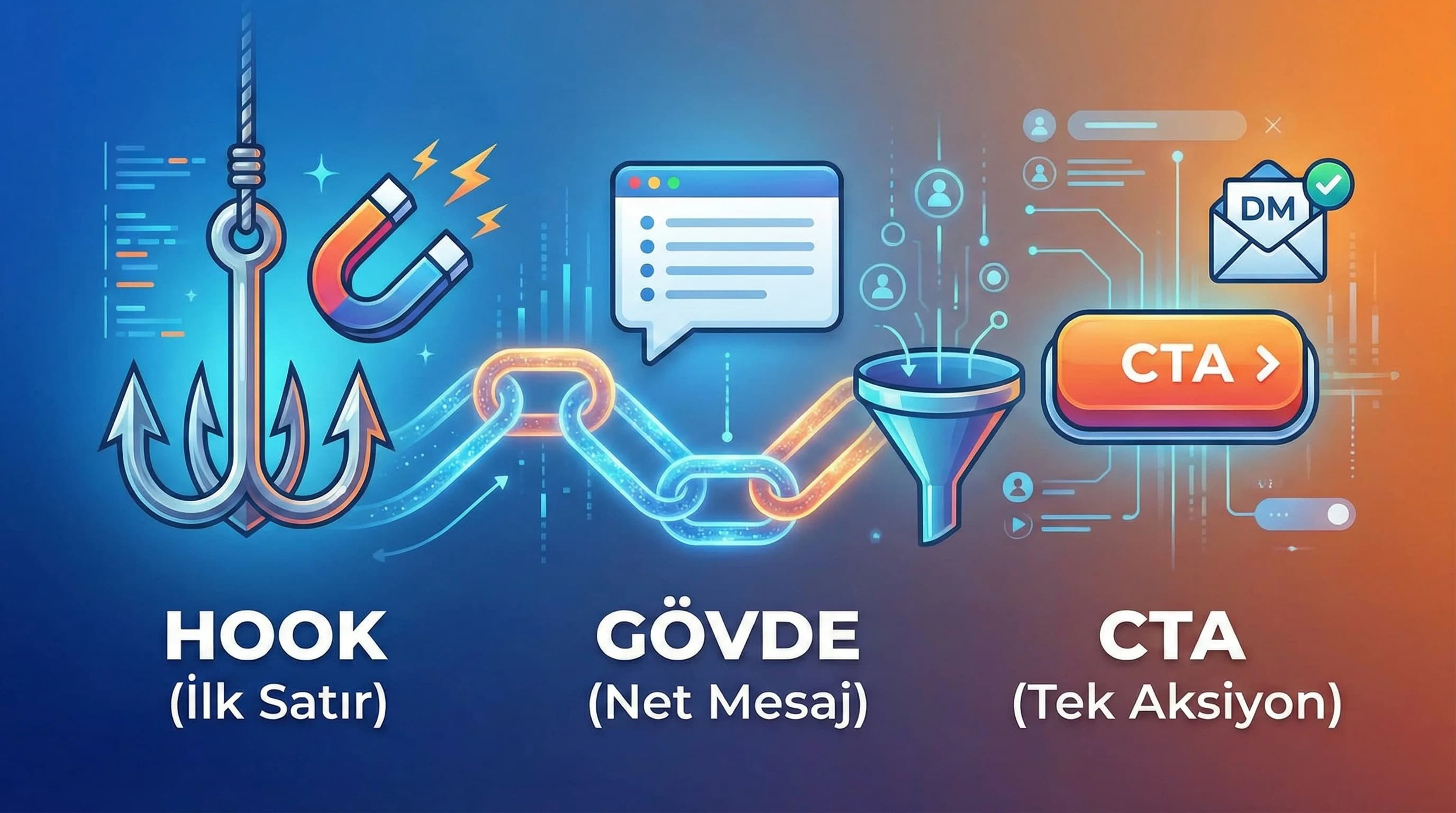 Hook-gövde-CTA formülünü özetleyen bağlam görseli, sosyal medya yazımı