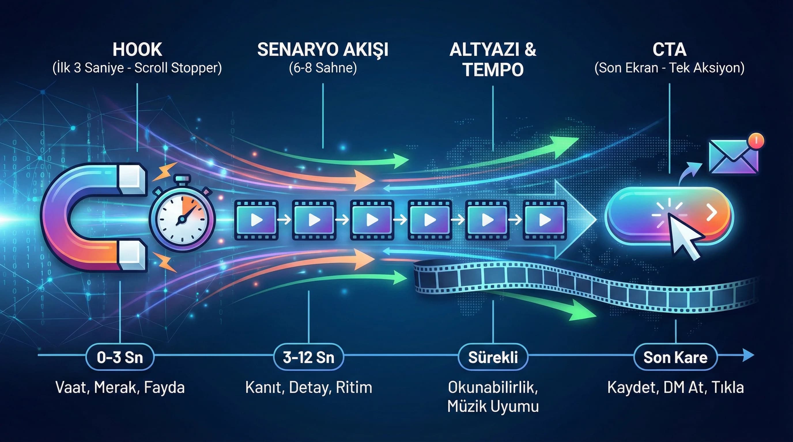 İlk 3 saniye hook formülü bağlam görseli, kısa video optimizasyonu