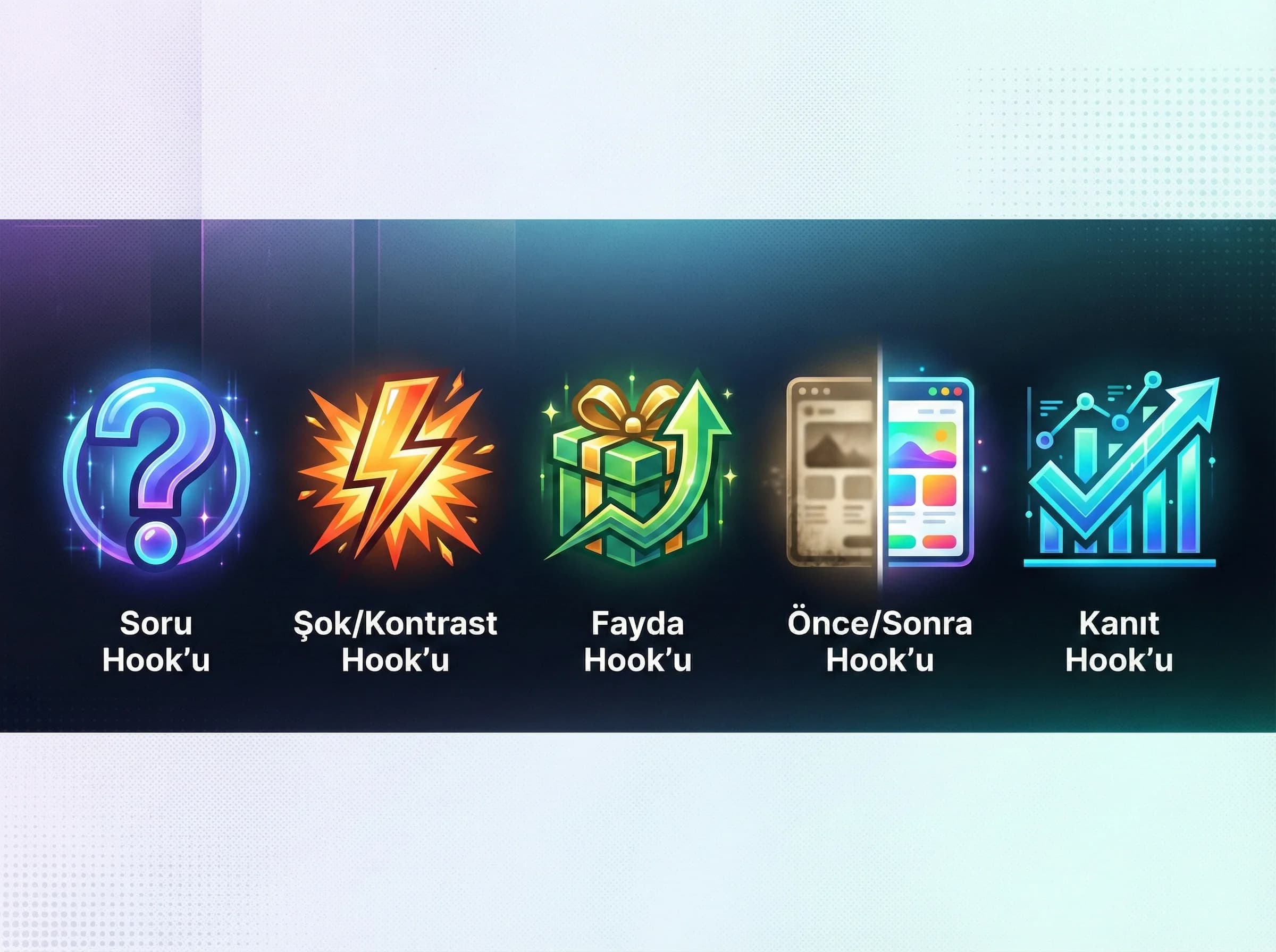 Hook türleri bölümü ayırıcı görseli, kısa video senaryo