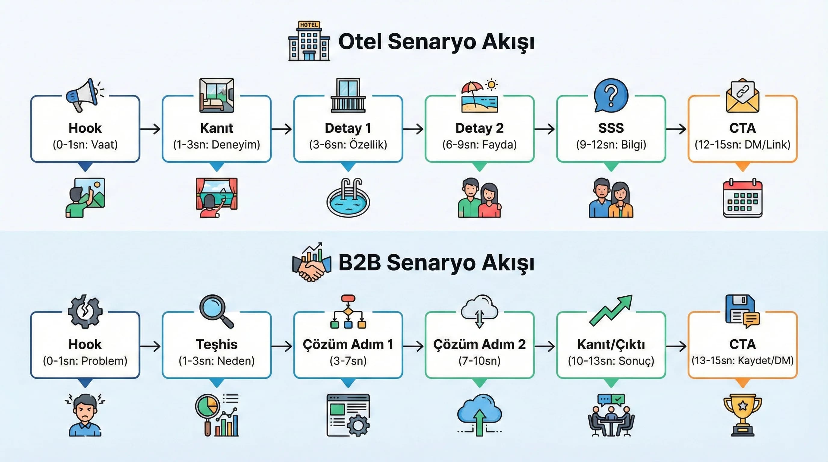 6–8 sahneli reels senaryo akış diyagramı, otel ve B2B kullanım