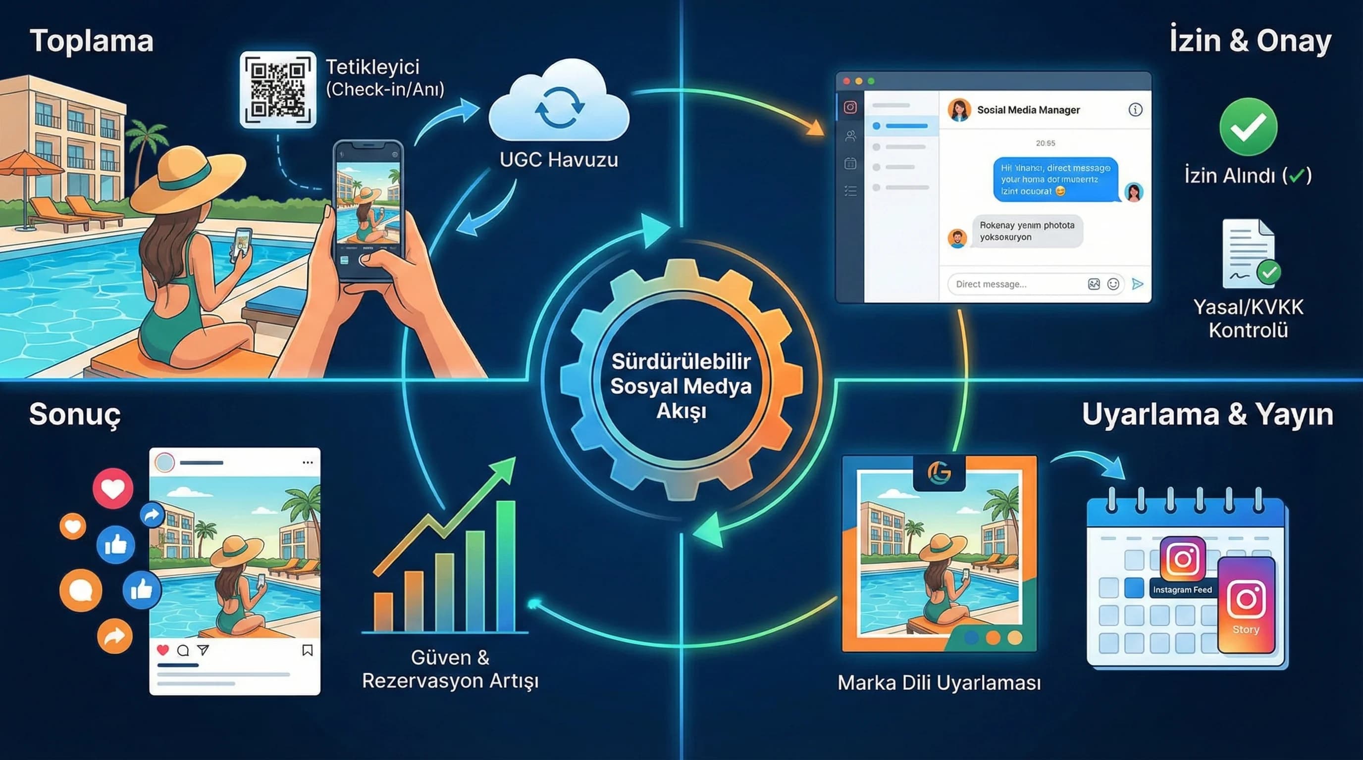 UGC toplama-izin-yayın döngüsü bağlam görseli, sosyal medya akışı