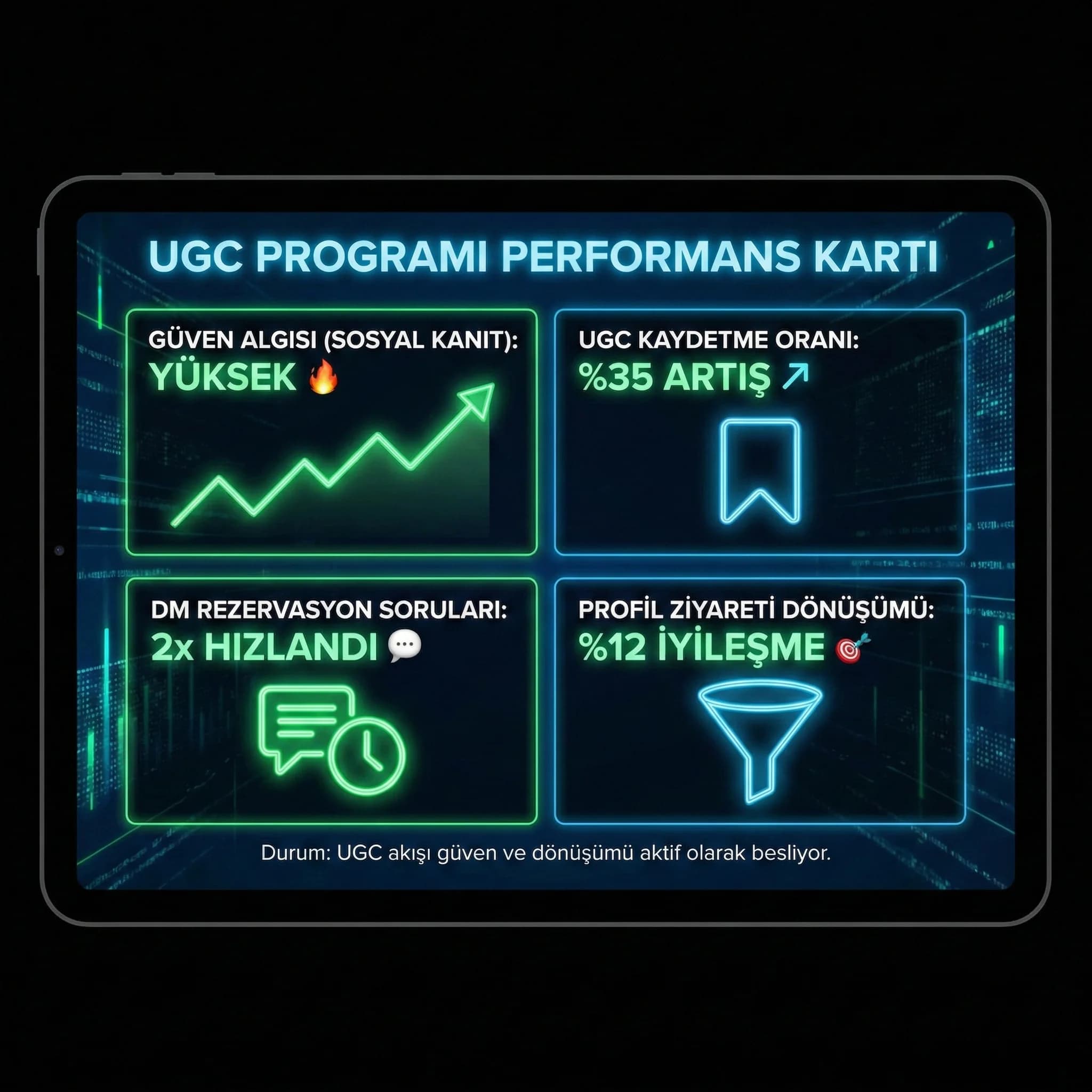 UGC KPI kartı: güven, DM, kaydetme, profil dönüşümü
