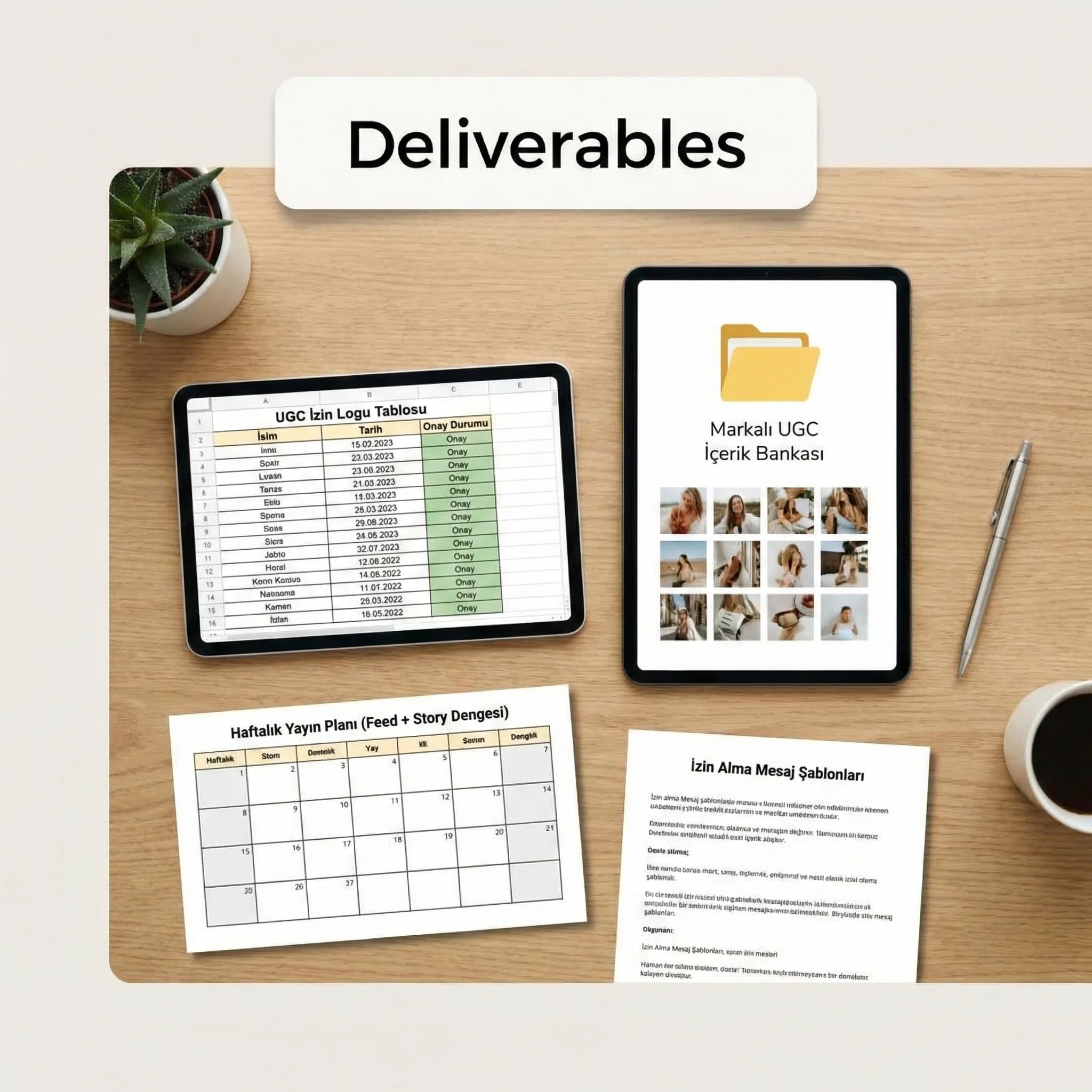 UGC program deliverables: izin log’u, içerik bankası, yayın planı