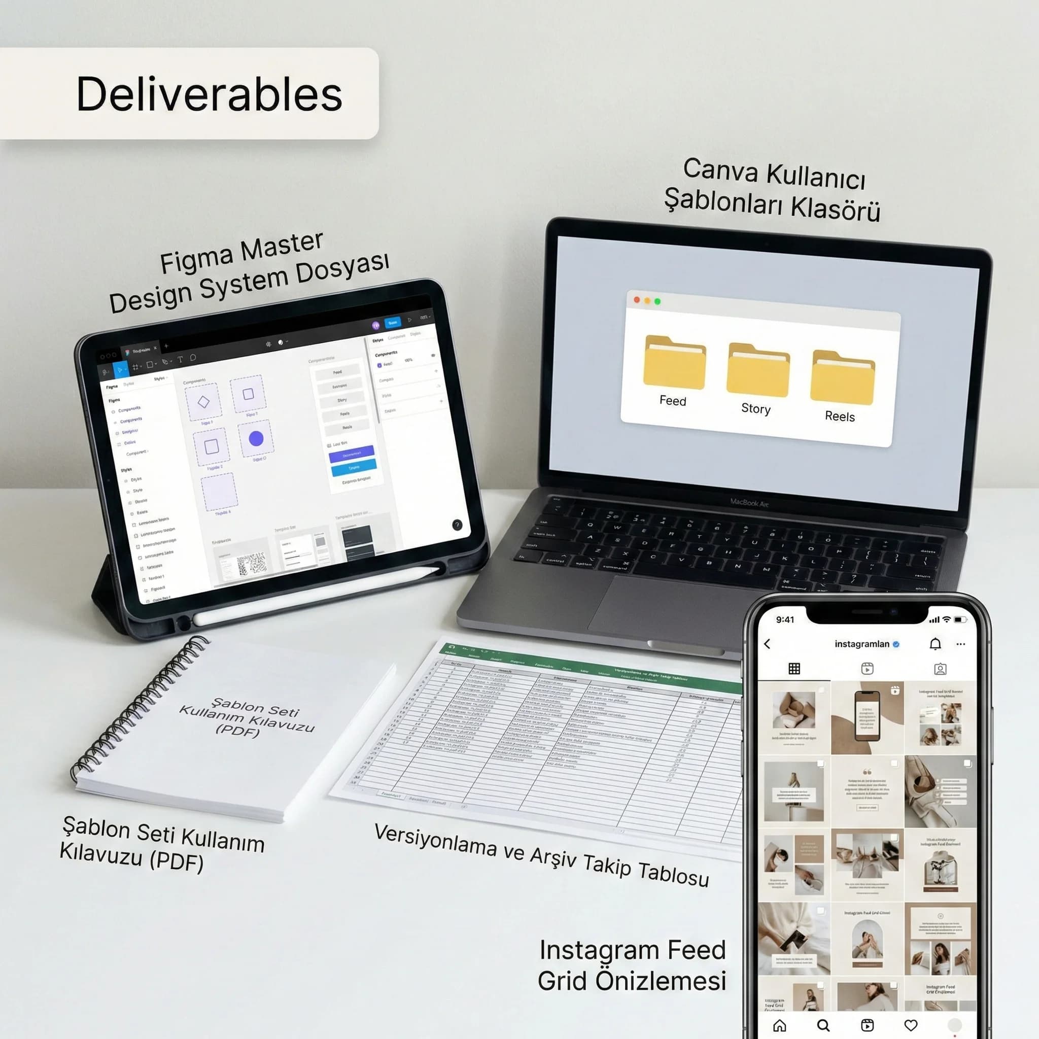 Şablon seti deliverables: master dosya, varyasyonlar, versiyonlar