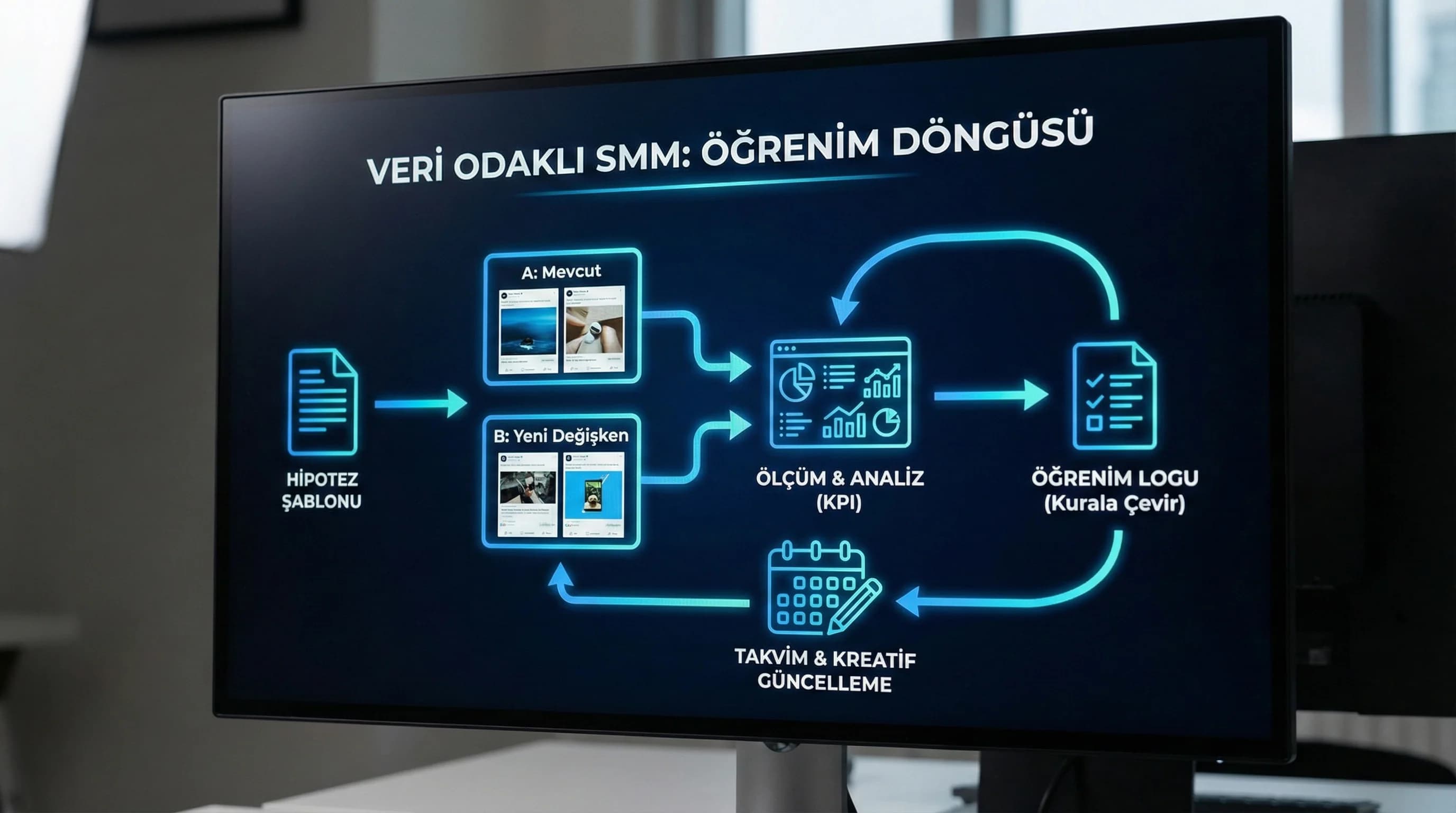 Test–ölç–öğren adımlarını ve öğrenim log mantığını özetleyen context görseli