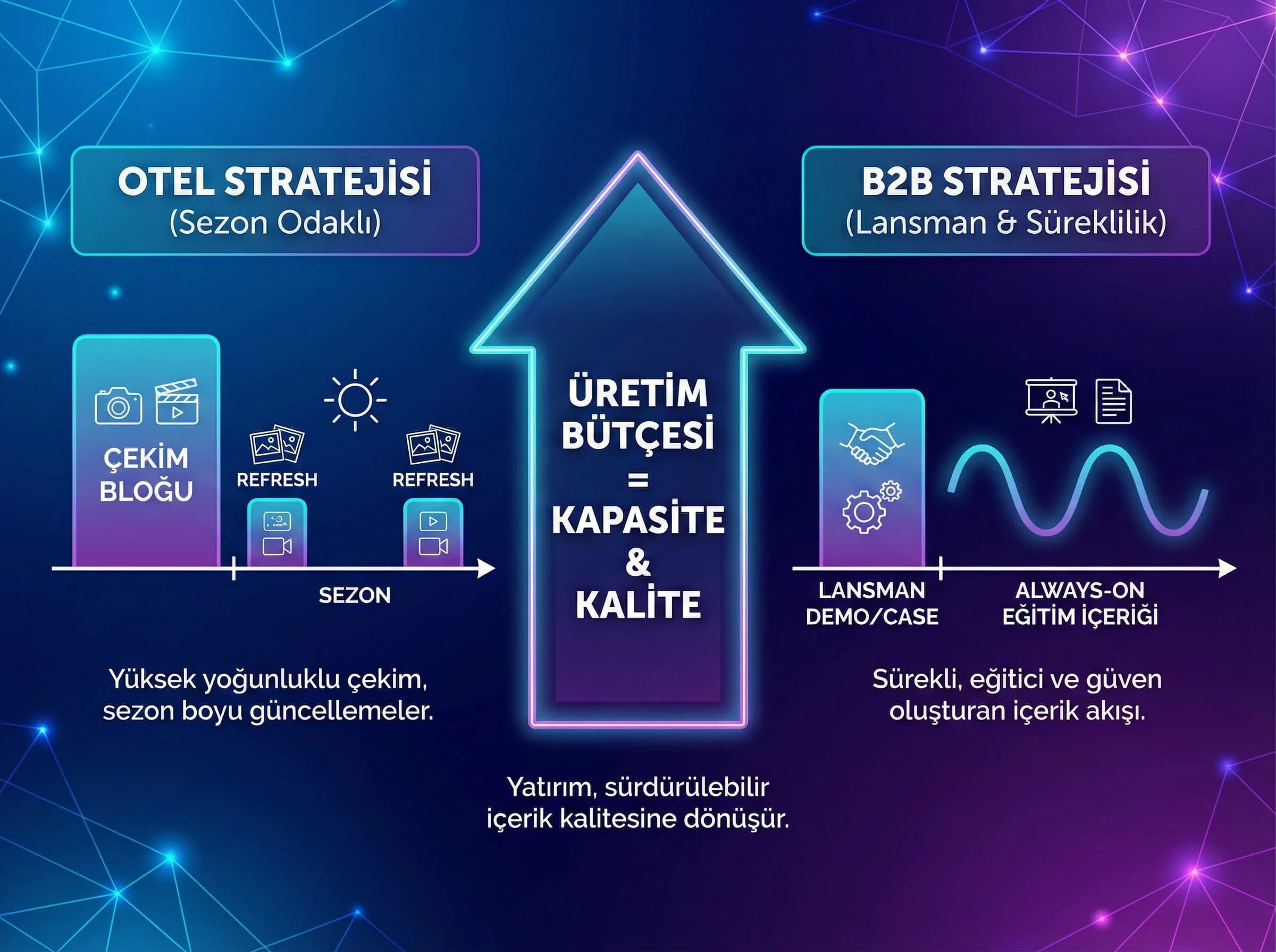 Üretim bütçesi çekim ve video kapasitesini anlatan otel ve B2B bölüm görseli