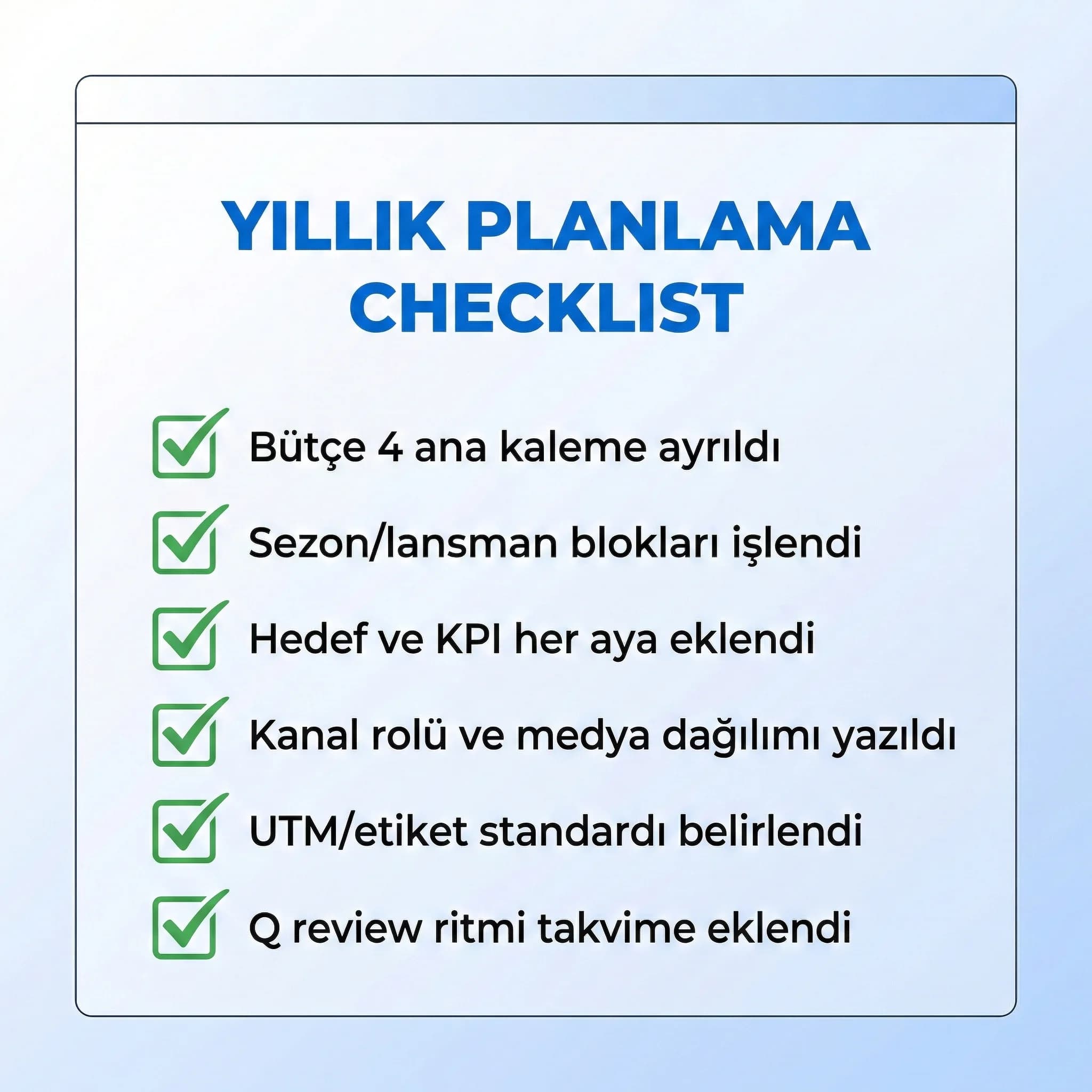 Yıllık planlama checklist’ini bütçe ve kaynak adımlarıyla özetleyen kart görseli