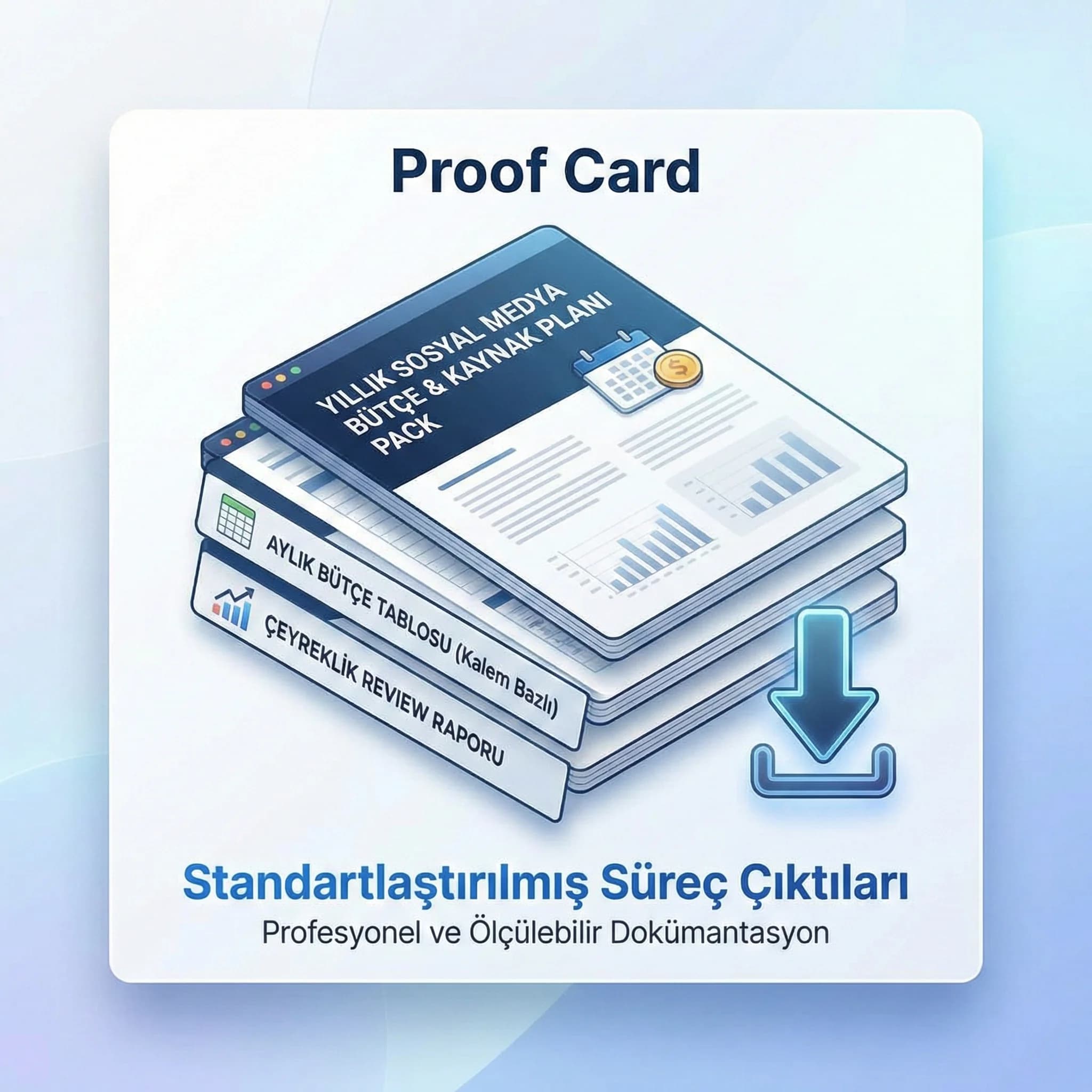 Yıllık bütçe tablosu ve çeyreklik review deliverables setini özetleyen proof kartı