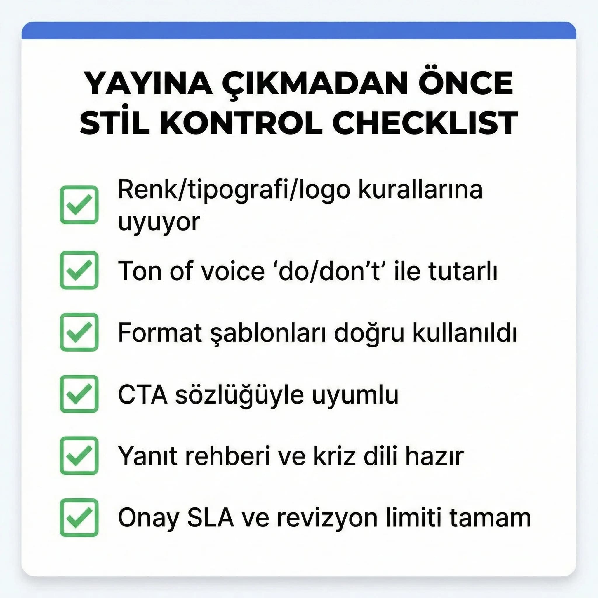 Yayına çıkmadan önce stil kontrol checklist’ini özetleyen kart görseli