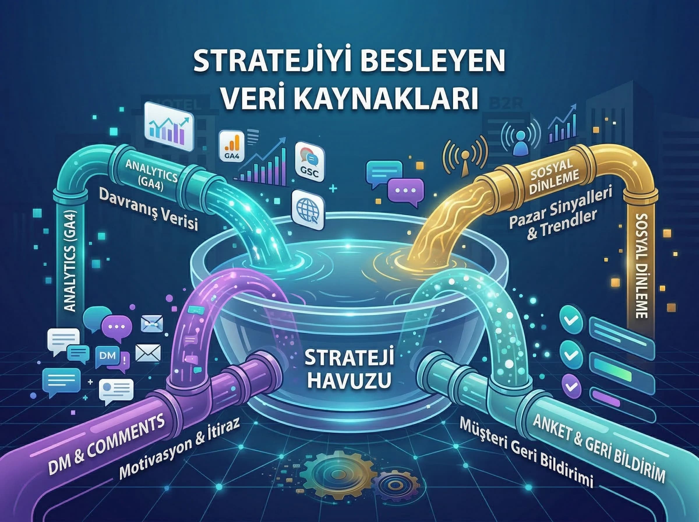 Stratejiyi besleyen veri kaynaklarını ve rollerini gösteren bölüm görseli