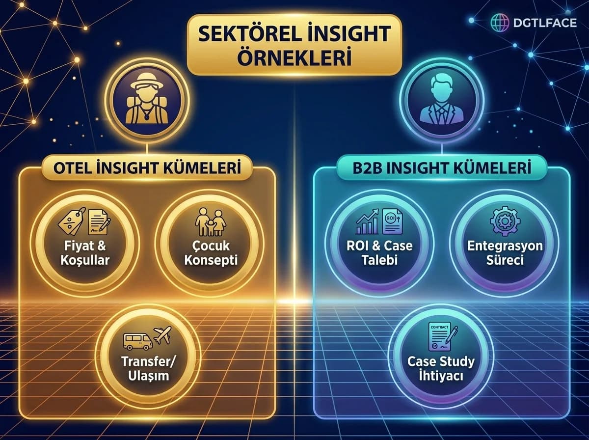 Otel ve B2B için insight kümelerini ve örnek soruları gösteren bölüm görseli