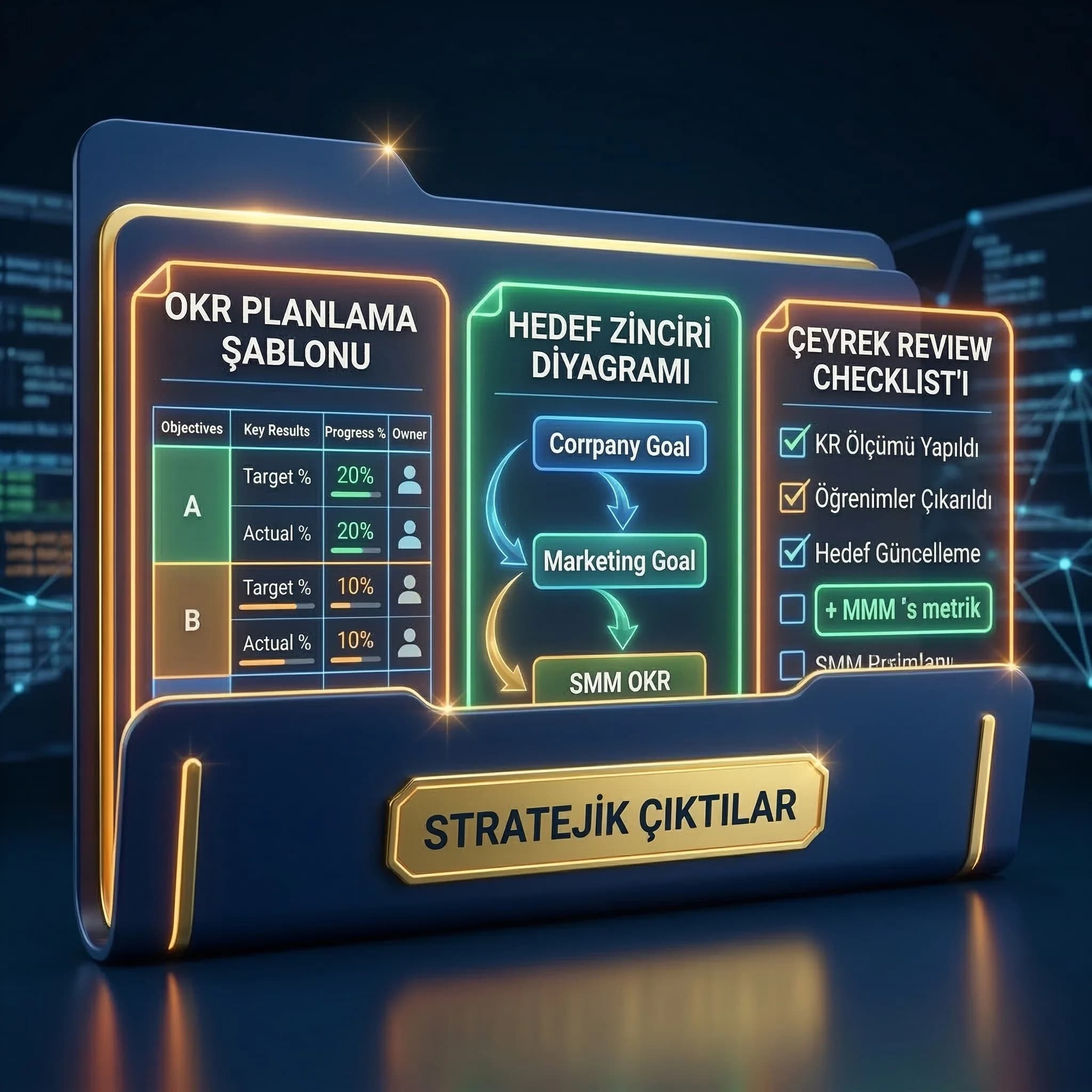 OKR tablosu hedef zinciri ve review çıktıları deliverables setini özetleyen proof kartı