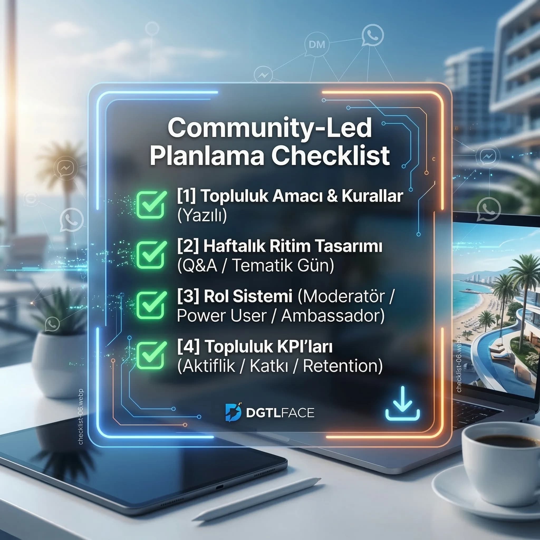 Co-creation kampanyası checklist’ini teslimat ve etik etiketlemeyle özetleyen kart