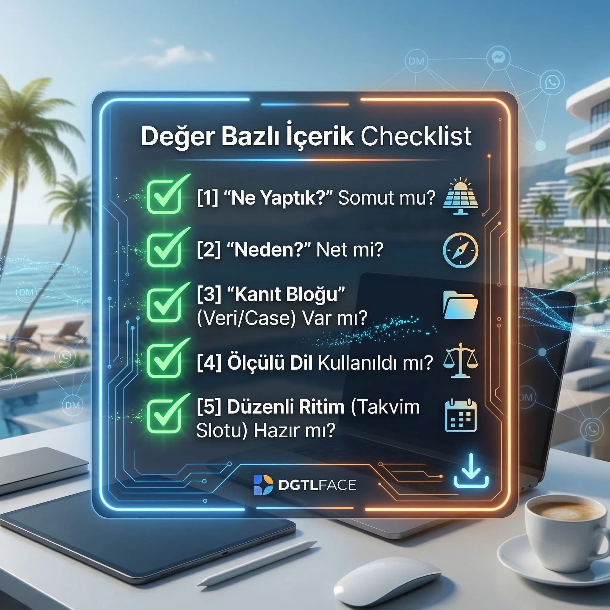 Değer bazlı içerik checklist’ini veri hedef ve şeffaflık adımlarıyla özetleyen kart