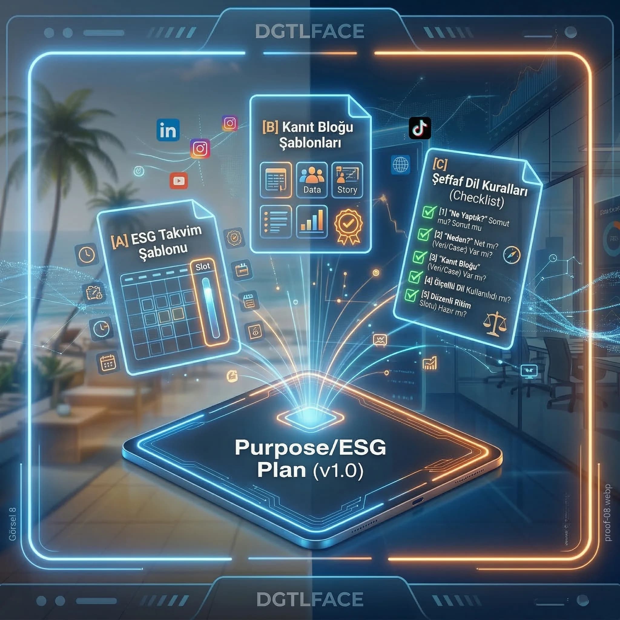 ESG takvim şablonu veri blokları ve örnek mockup deliverables kartı