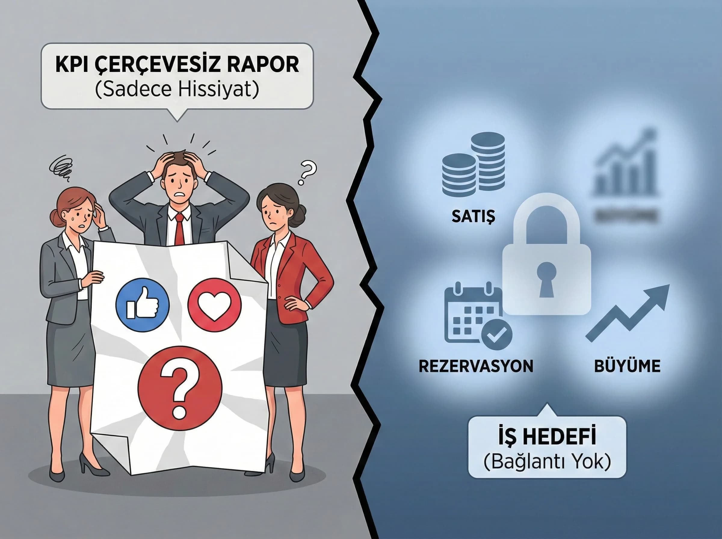  KPI çerçevesi yokken raporların hissiyat düzeyinde kaldığını anlatan bölüm görseli