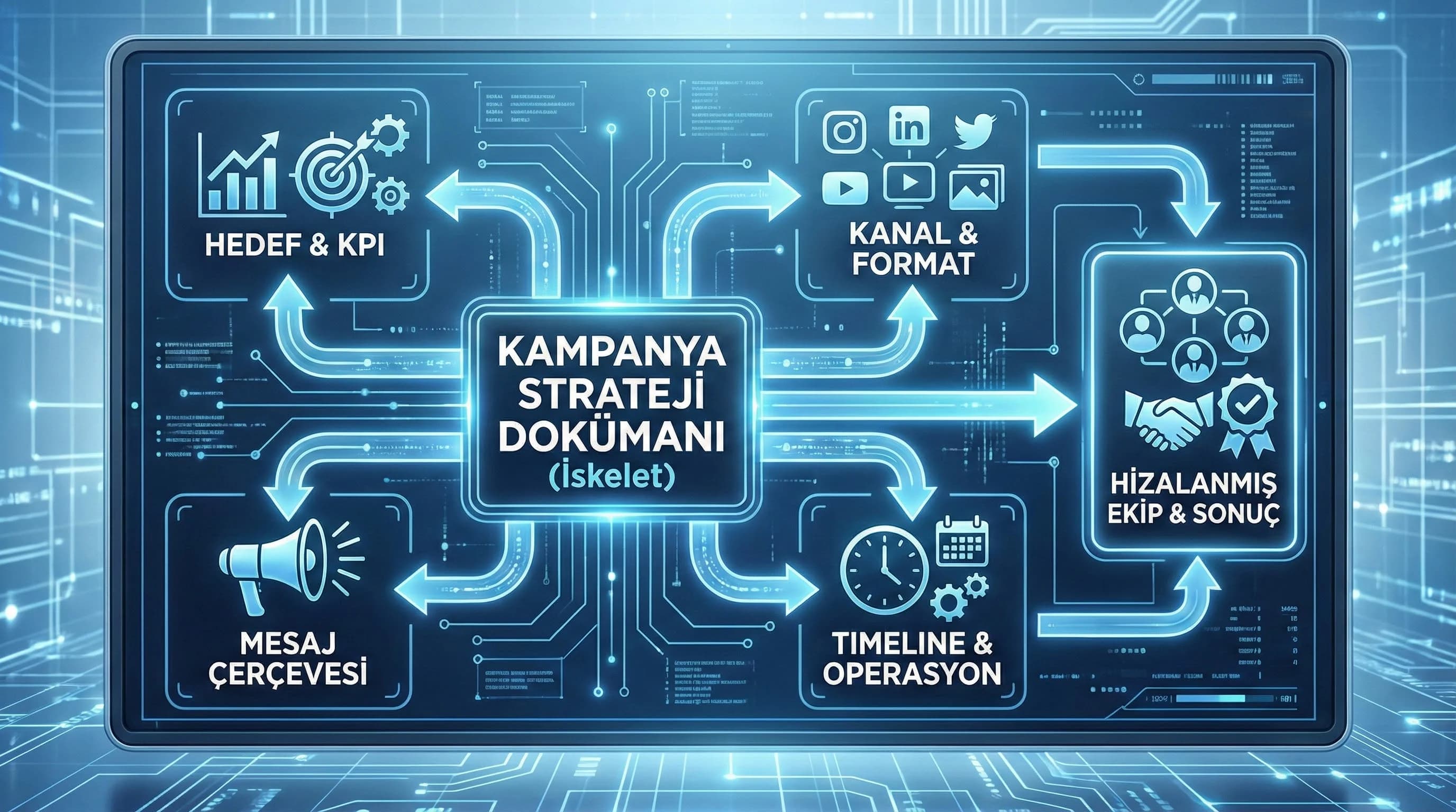 Hedef KPI mesaj kanal ve timeline bileşenlerini ilk ekranda özetleyen kampanya plan görseli