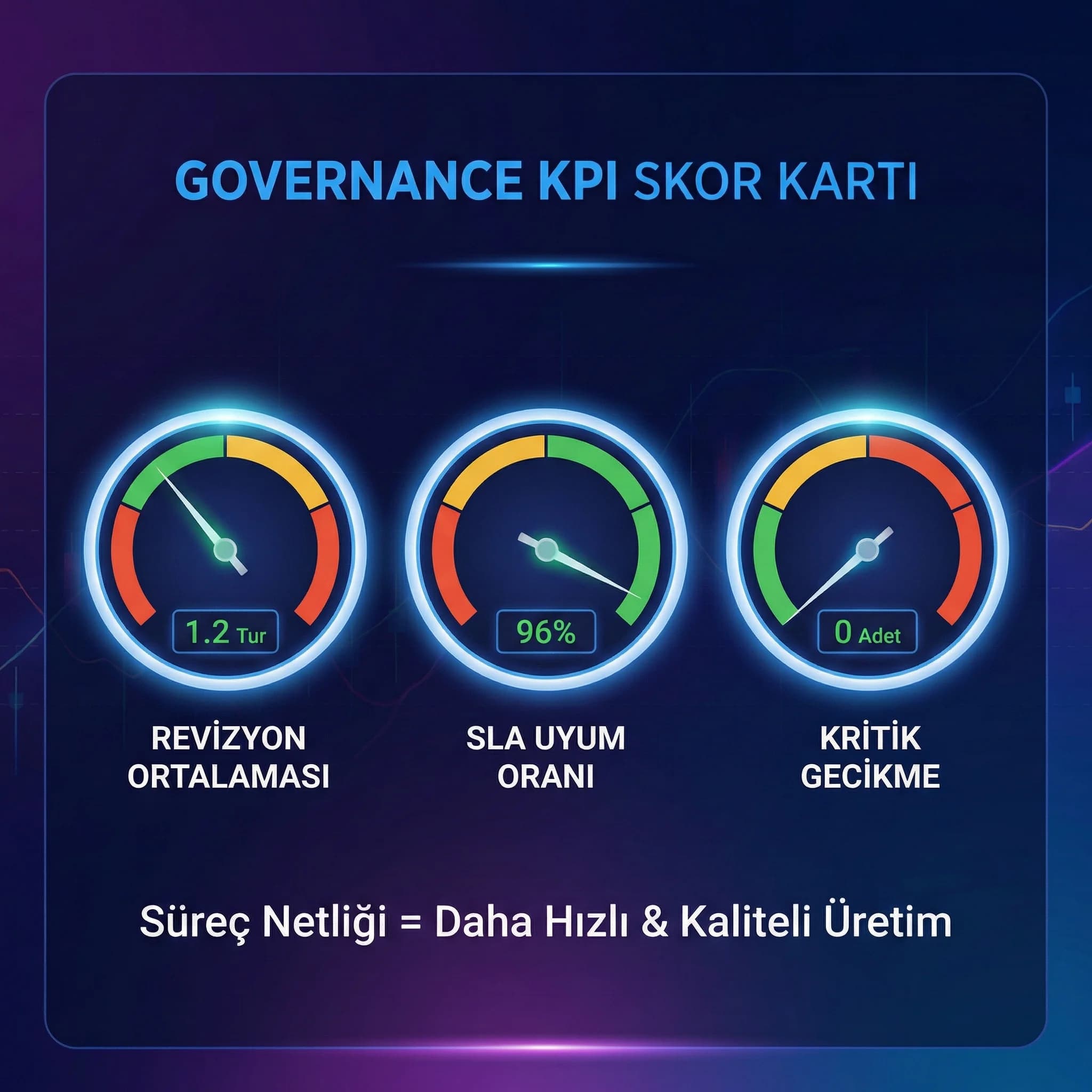 Revizyon sayısı SLA uyumu gecikme ve rapor kalitesini gösteren governance KPI skor kartı