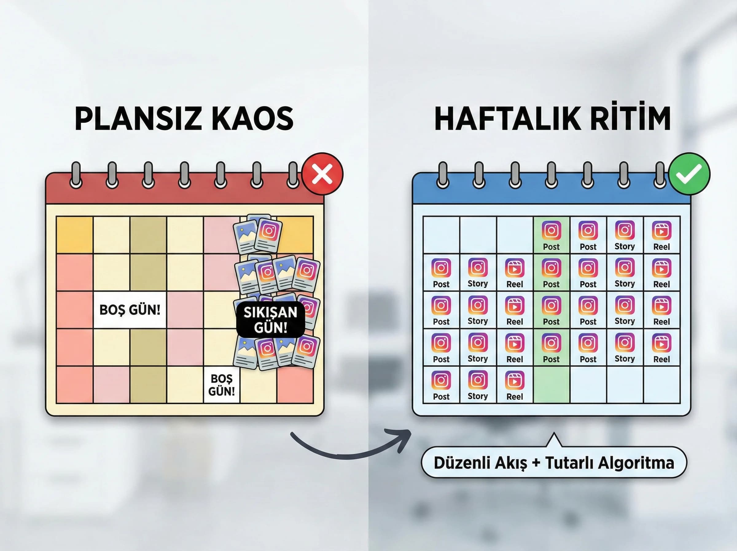 Haftalık planın boş günler ve içerik sıkışmalarını azaltmasını anlatan bölüm görseli