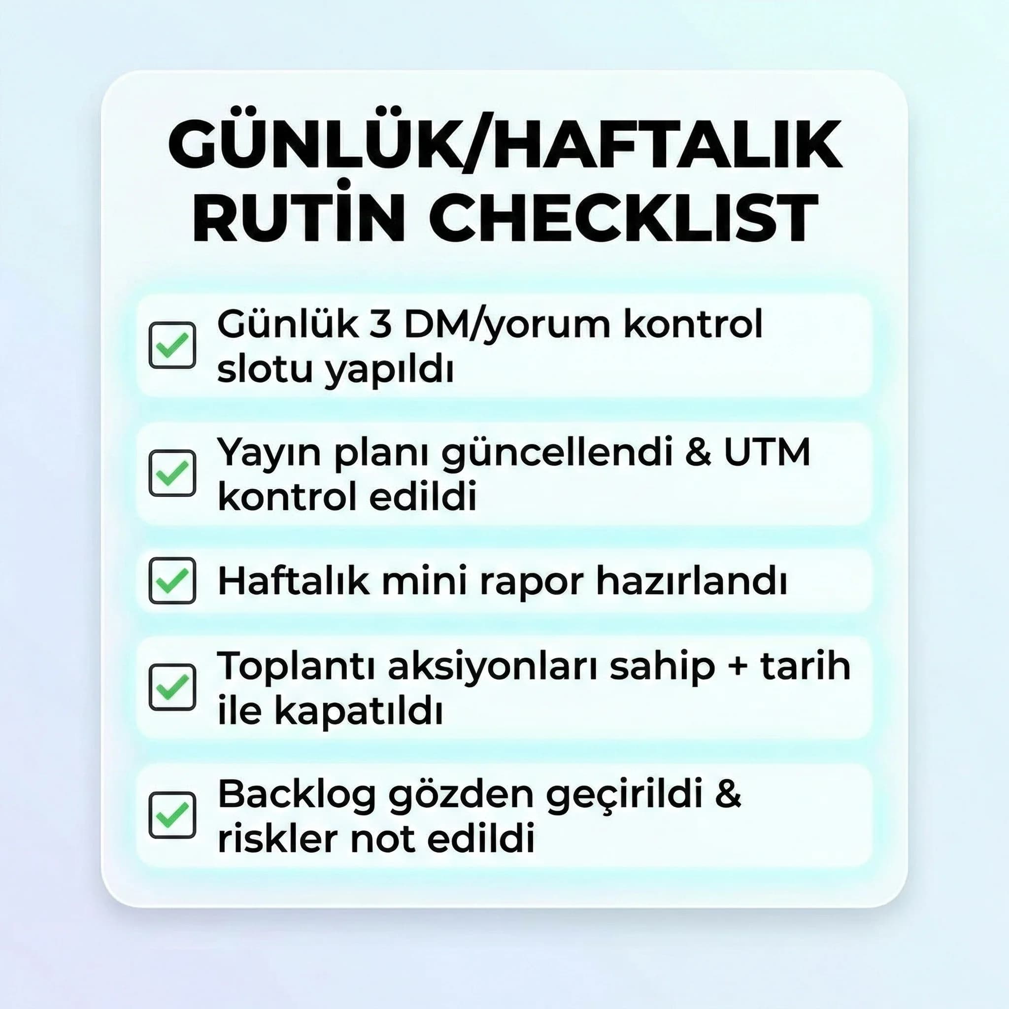 Günlük ve haftalık sosyal medya rutin checklist’ini özetleyen kart görseli
