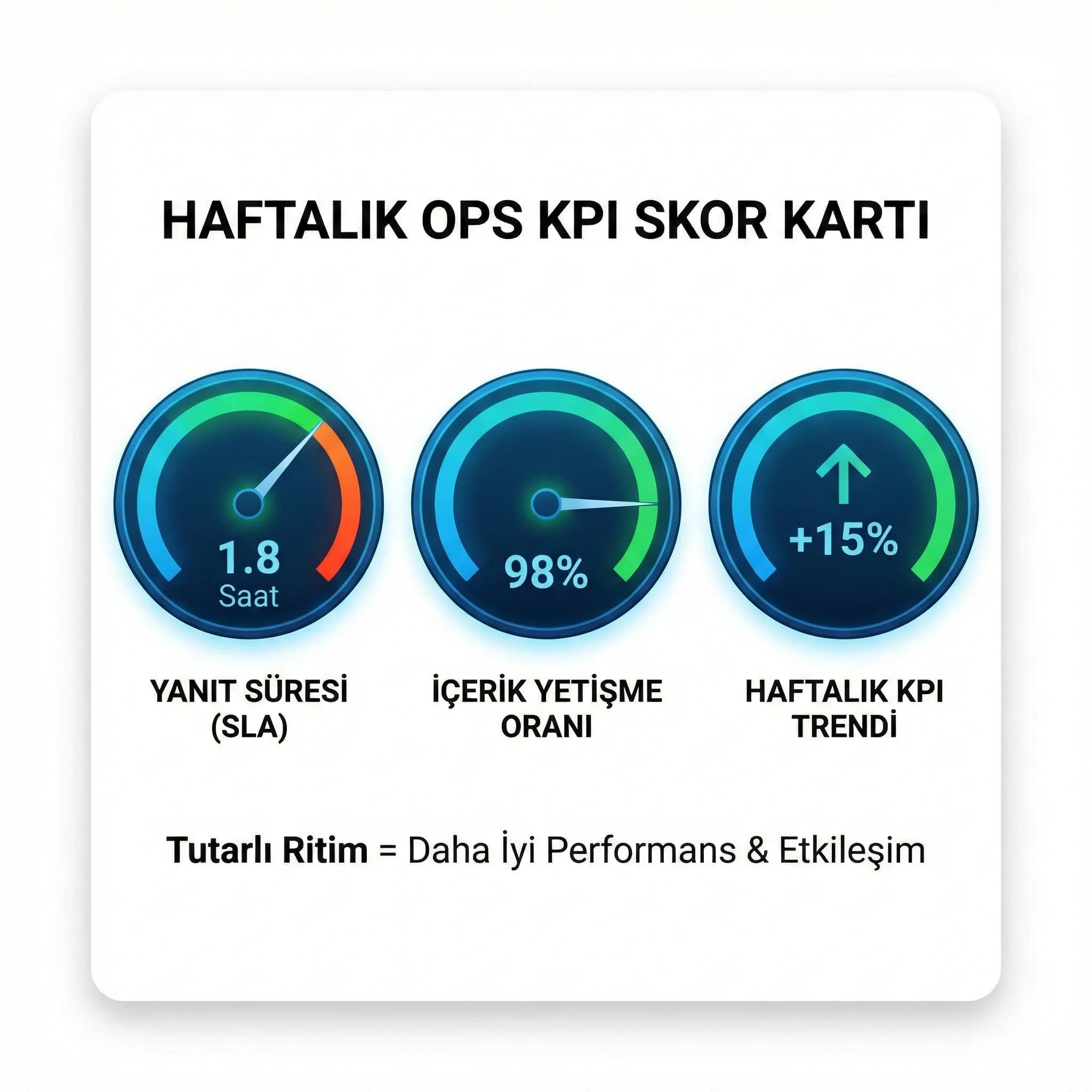 Yanıt süresi içerik yetişme oranı ve haftalık KPI trendini gösteren operasyon skor kartı