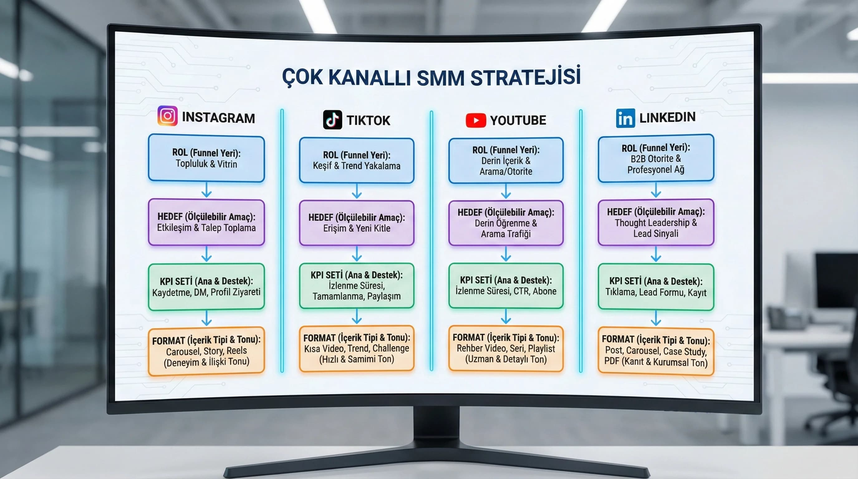 Rol hedef KPI ve format eşleşmesini çok kanallı SMM modeliyle özetleyen context görseli