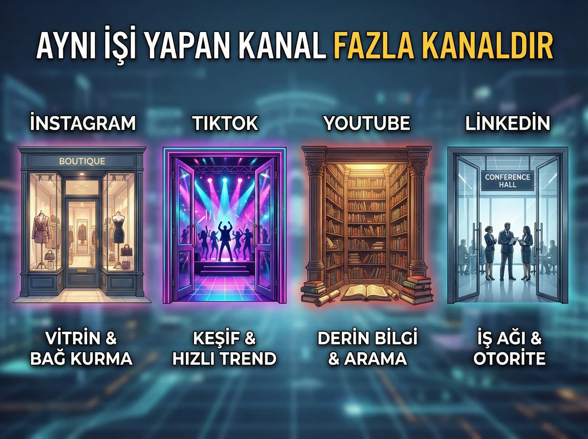 Farklı kanalların rol farklarını ve amaçlarını gösteren bölüm ayırıcı görseli