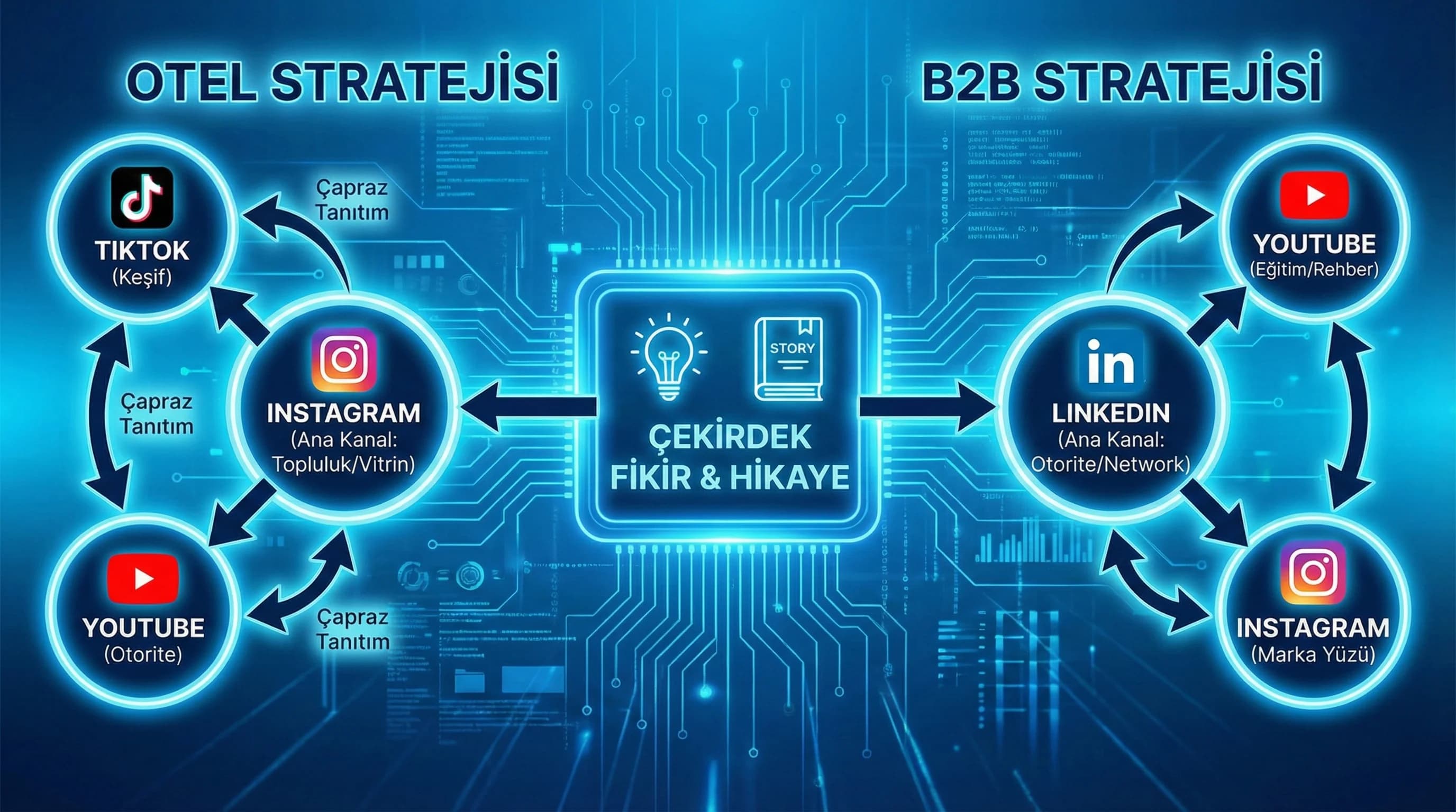 Otel ve B2B için örnek kanal haritasını ve çapraz tanıtımı gösteren diyagram