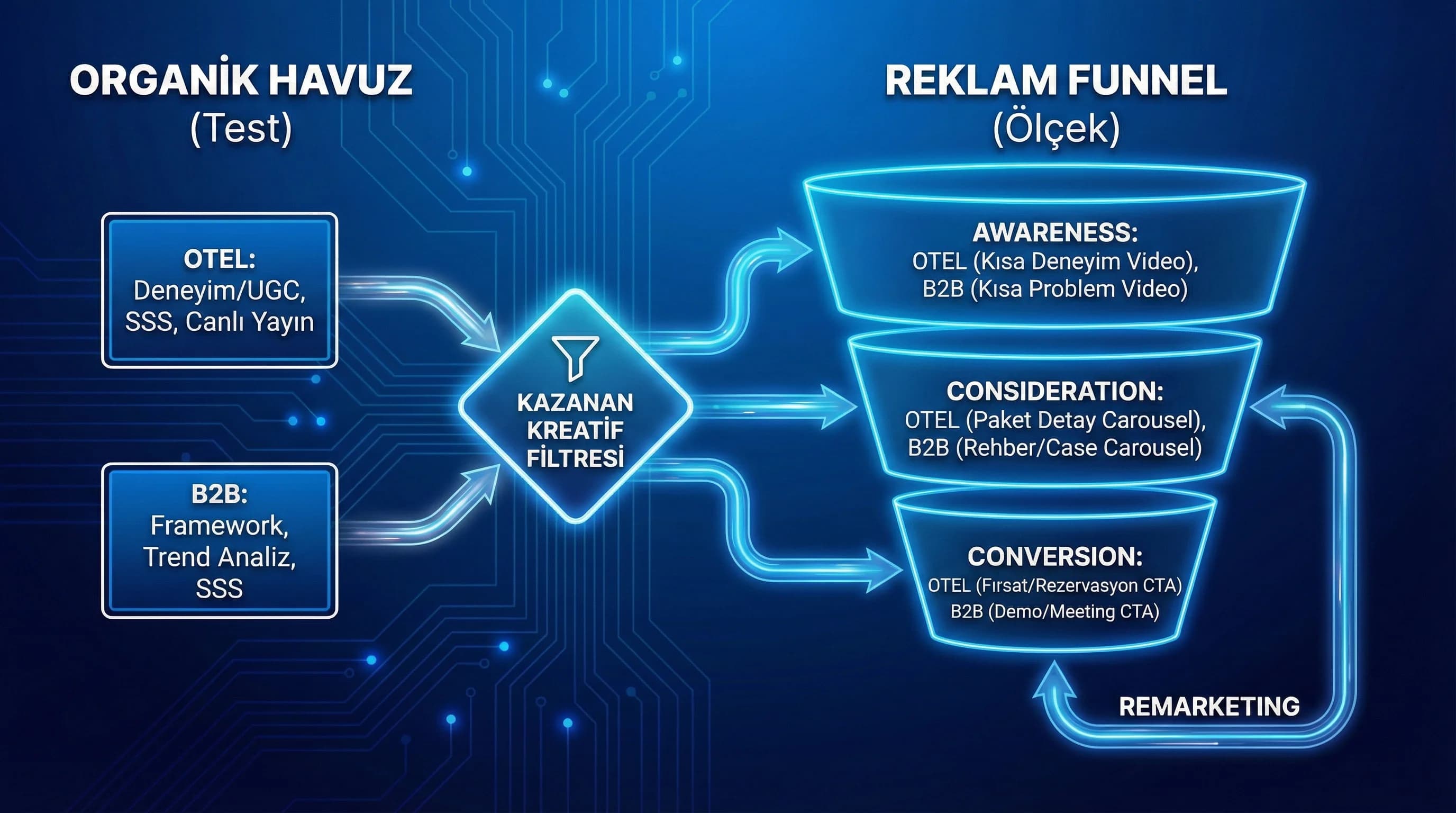 Organik içerikten reklama geçiş funnel diyagramını otel bağlamında gösteren akış görseli