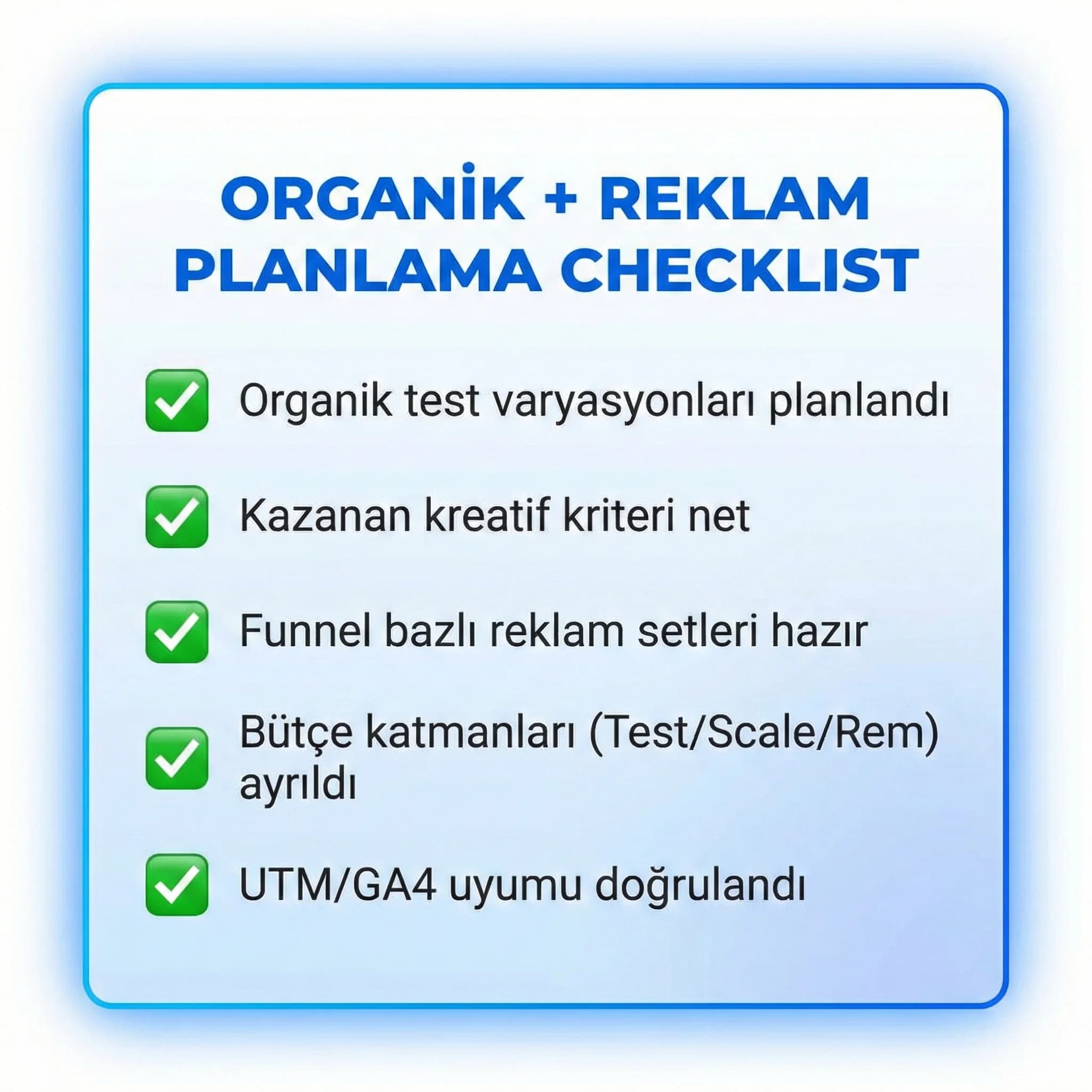 Organik ve reklam planlama checklist’ini karar odaklı özetleyen kart görseli
